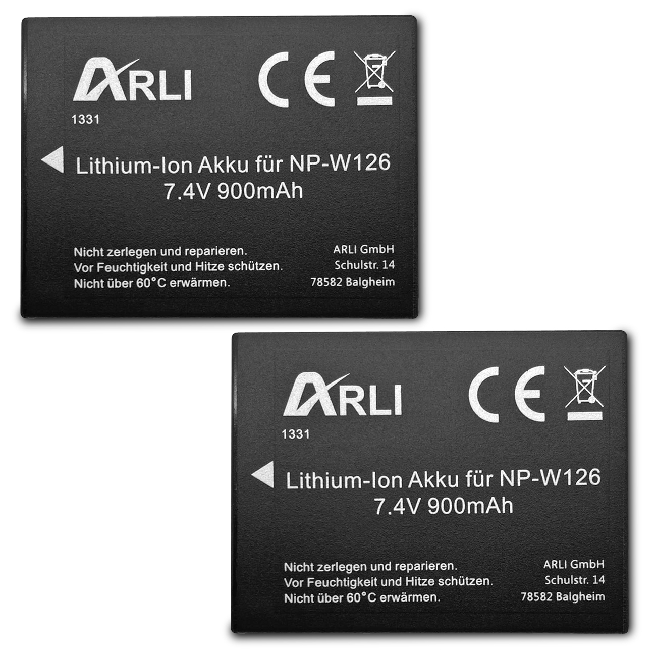 Zwei schwarze rechteckige Batterien mit weißem Text. Sie haben das Arli-Logo und Warnungen auf Deutsch.