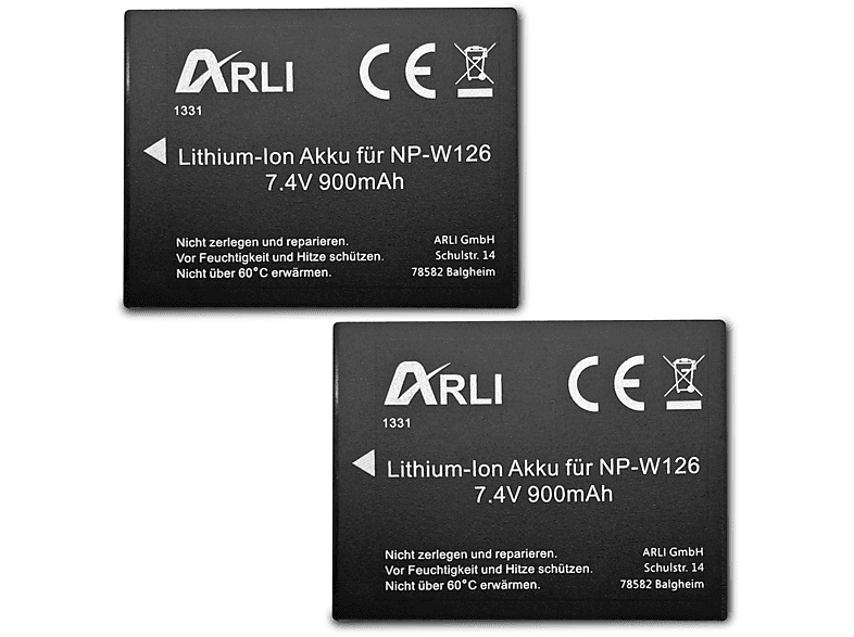 ARLI Akku für Fuji NP-W126 / NP-W126s Li-Ion Kamera Akku, 7.2 Volt, 900 mAh 2 Stück