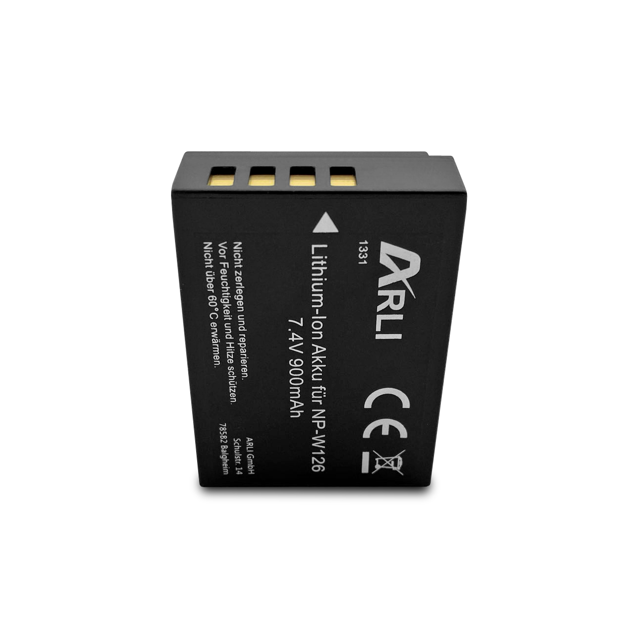 Schwarzer Akku mit Text. Text: Lithium-Ion Akku für NP-W126, 7.4V 900mAh.