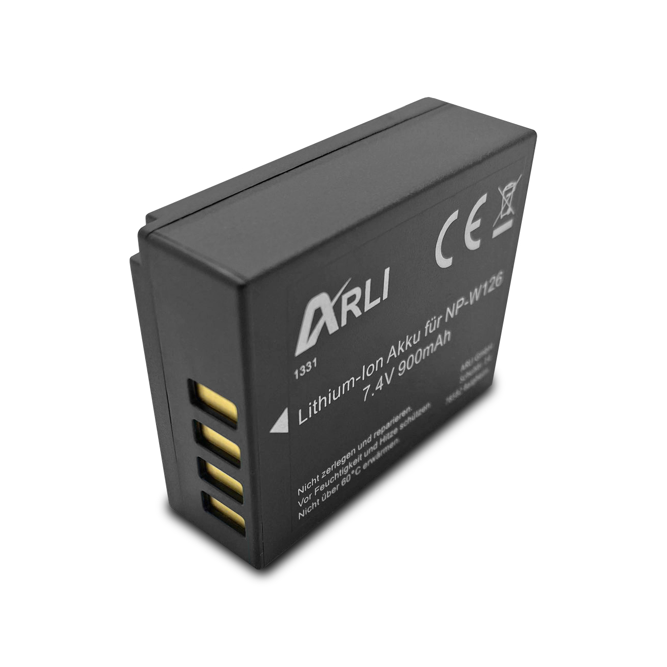 Ein schwarzer rechteckiger Akku mit der Aufschrift 'Lithium-Ionen-Akku für NP-W126 7,4 V 900 mAh' wird vor weißem Hintergrund gezeigt.