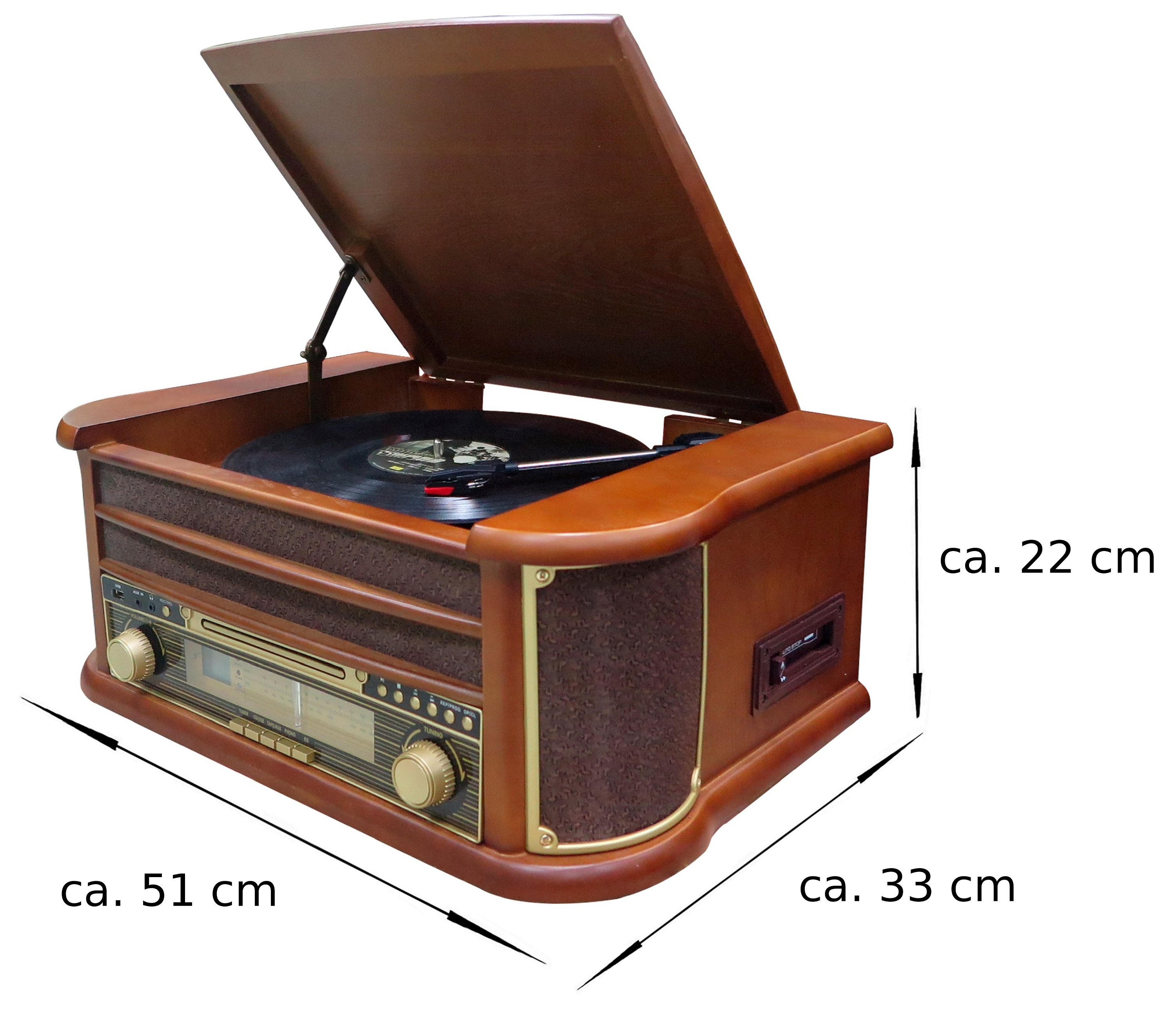 Holz-Vintage-Plattenspieler mit Abmessungen. Braunes Gehäuse mit offenem Deckel. Schallplatten auf dem Plattenteller.