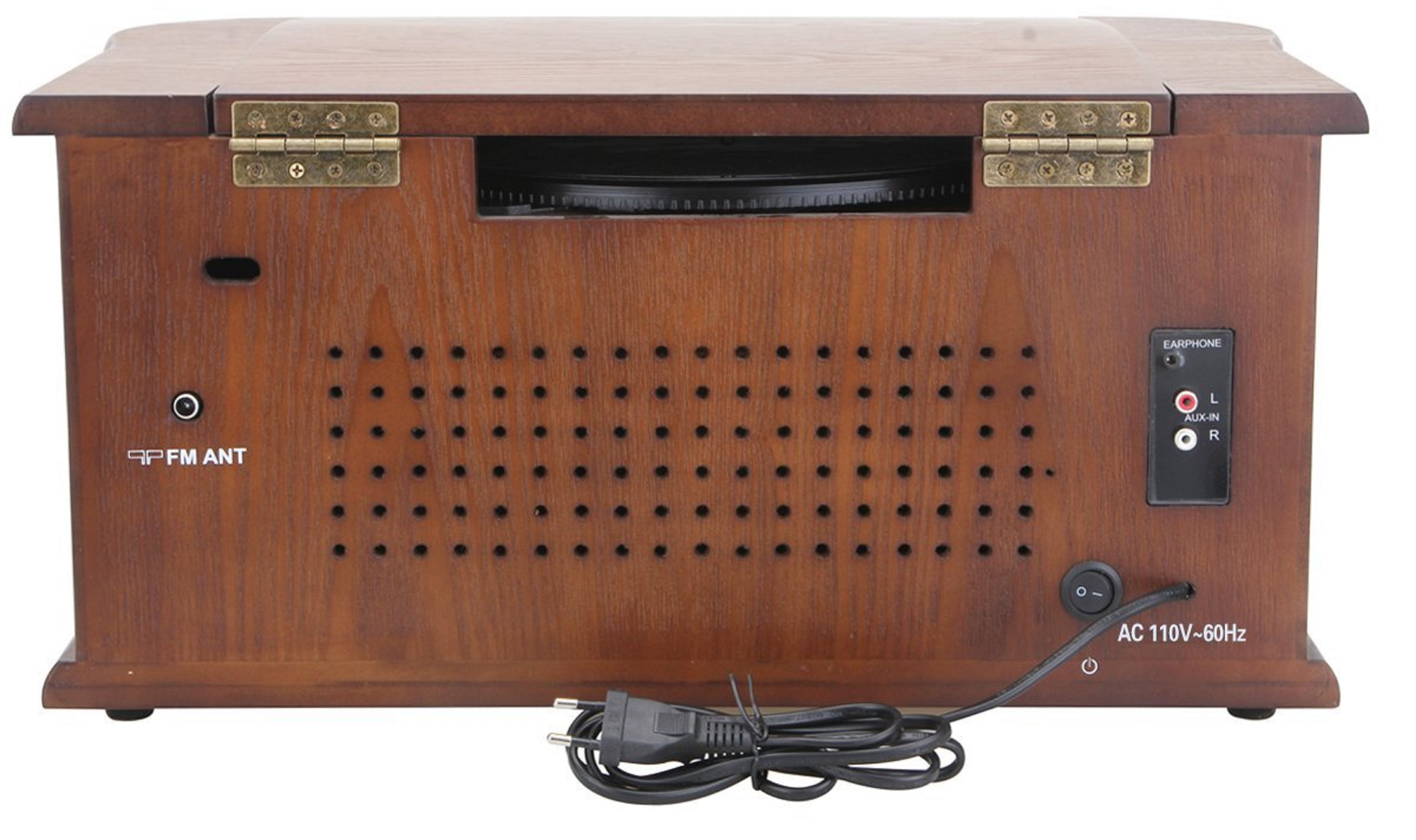 Retro-Radio aus Holz. Auf der Rückseite befinden sich ein Lautsprecher, eine UKW-Antenne und AUX-Anschlüsse. Das Netzkabel ist eingesteckt.