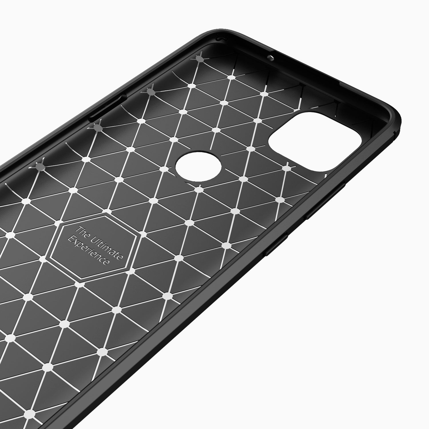 Die Innenseite einer schwarzen Handyhülle mit geometrischem Muster und Text. Das ultimative Erlebnis.