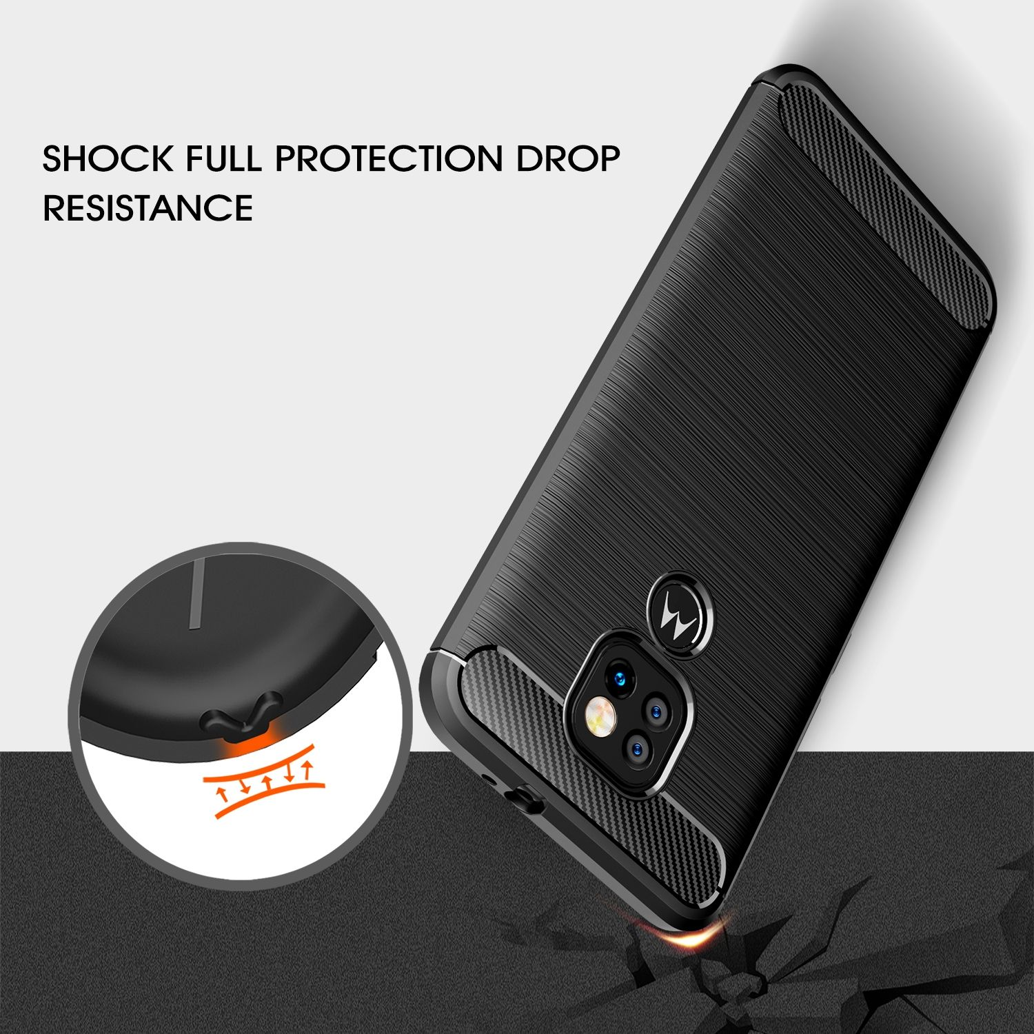 Schwarze Handyhülle mit strukturiertem Design. Text: 'Shock Full Protection Drop Resistance'.