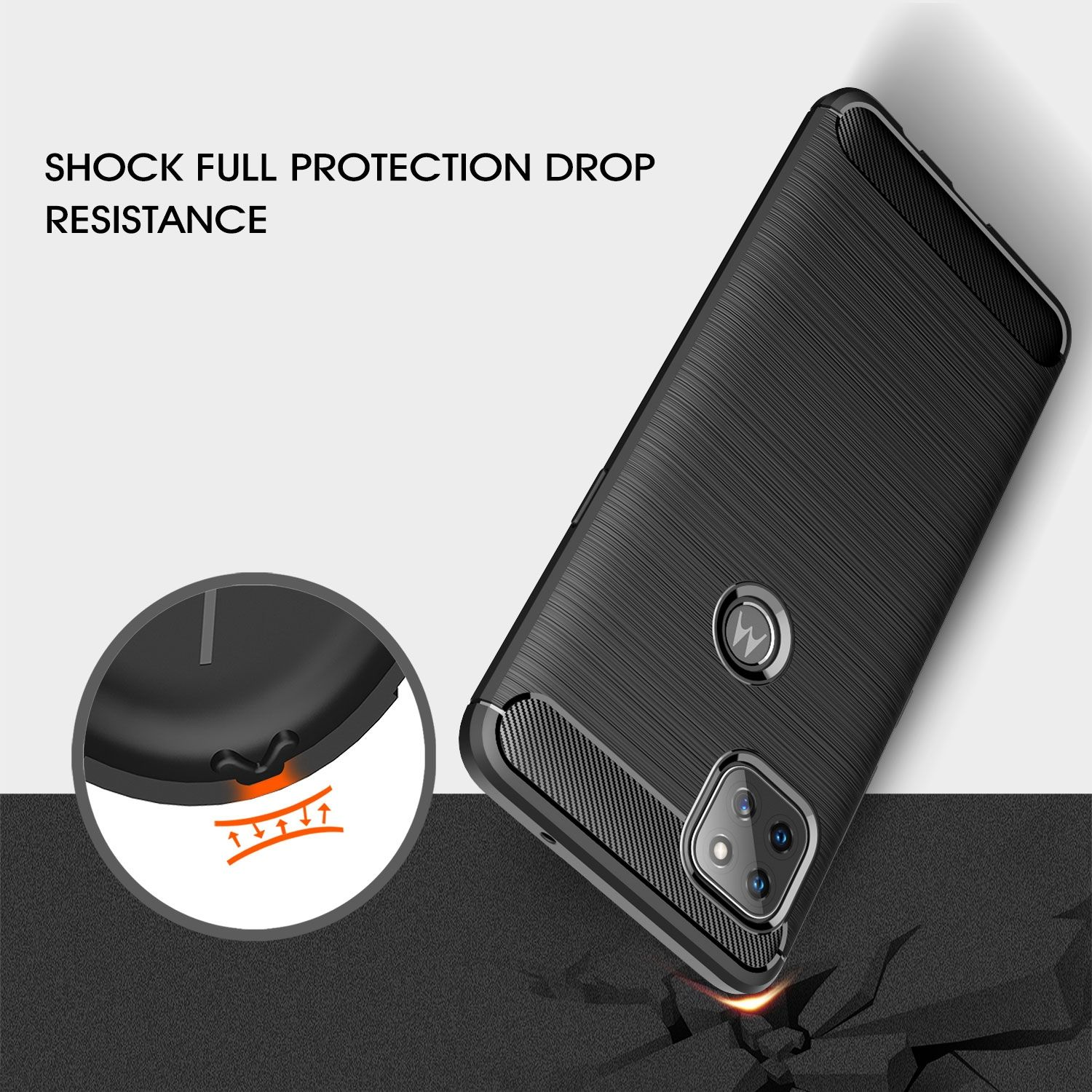 Schwarze Handyhülle mit strukturiertem Design, Schatten. Weißer Hintergrund. Text: SHOCK FULL PROTECTION DROP RESISTANCE