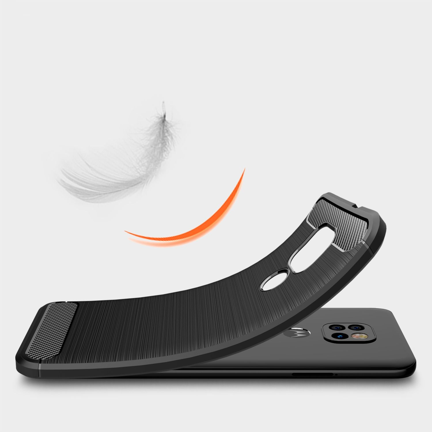 Schwarze Handyhülle angehoben, um ein schwarzes Handy freizugeben. Eine orange Feder schwebt über dem Telefon.