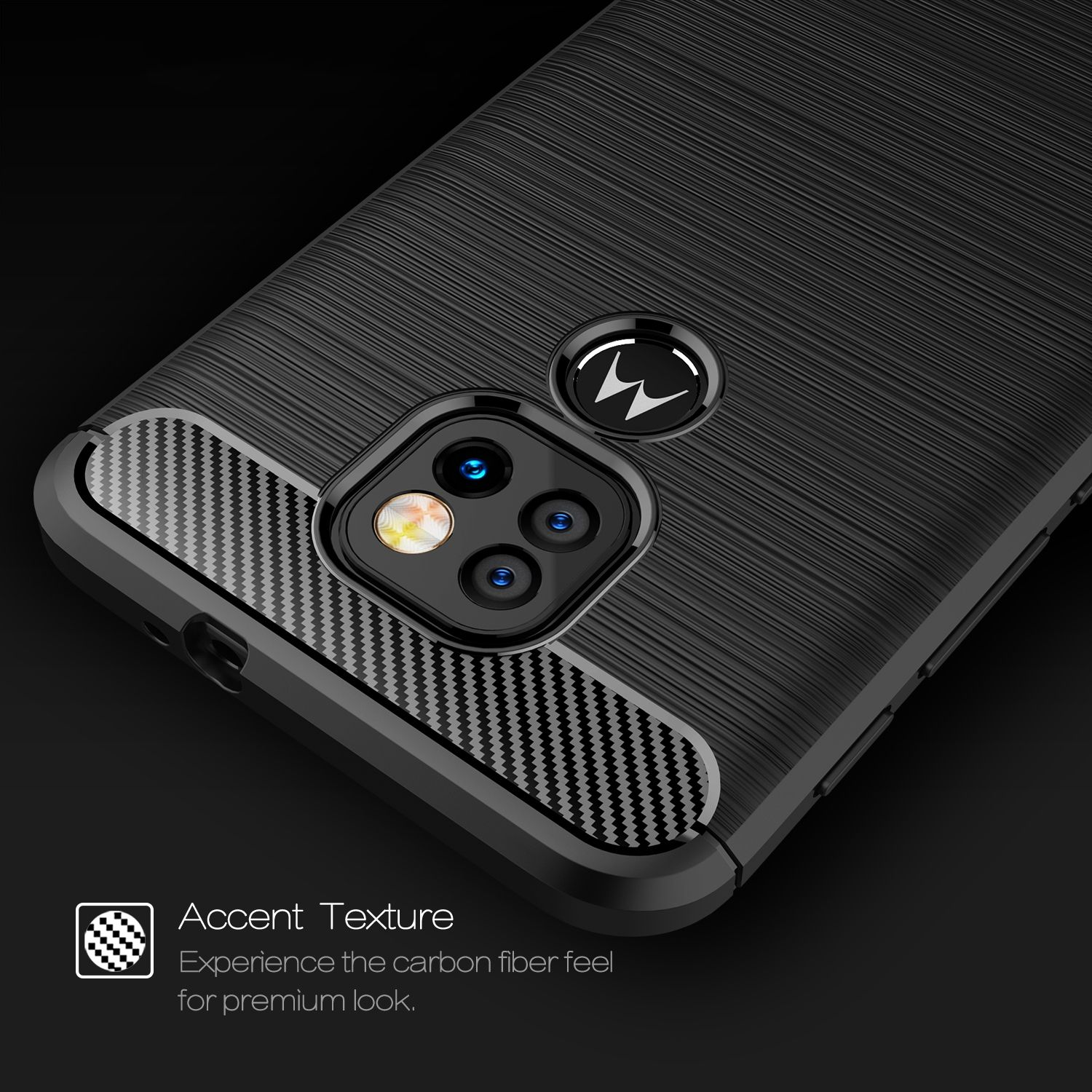 Nahaufnahme eines schwarzen Telefons mit strukturierter Rückseite. Das Telefon hat eine Dreifachkamera und ein Motorola-Logo.