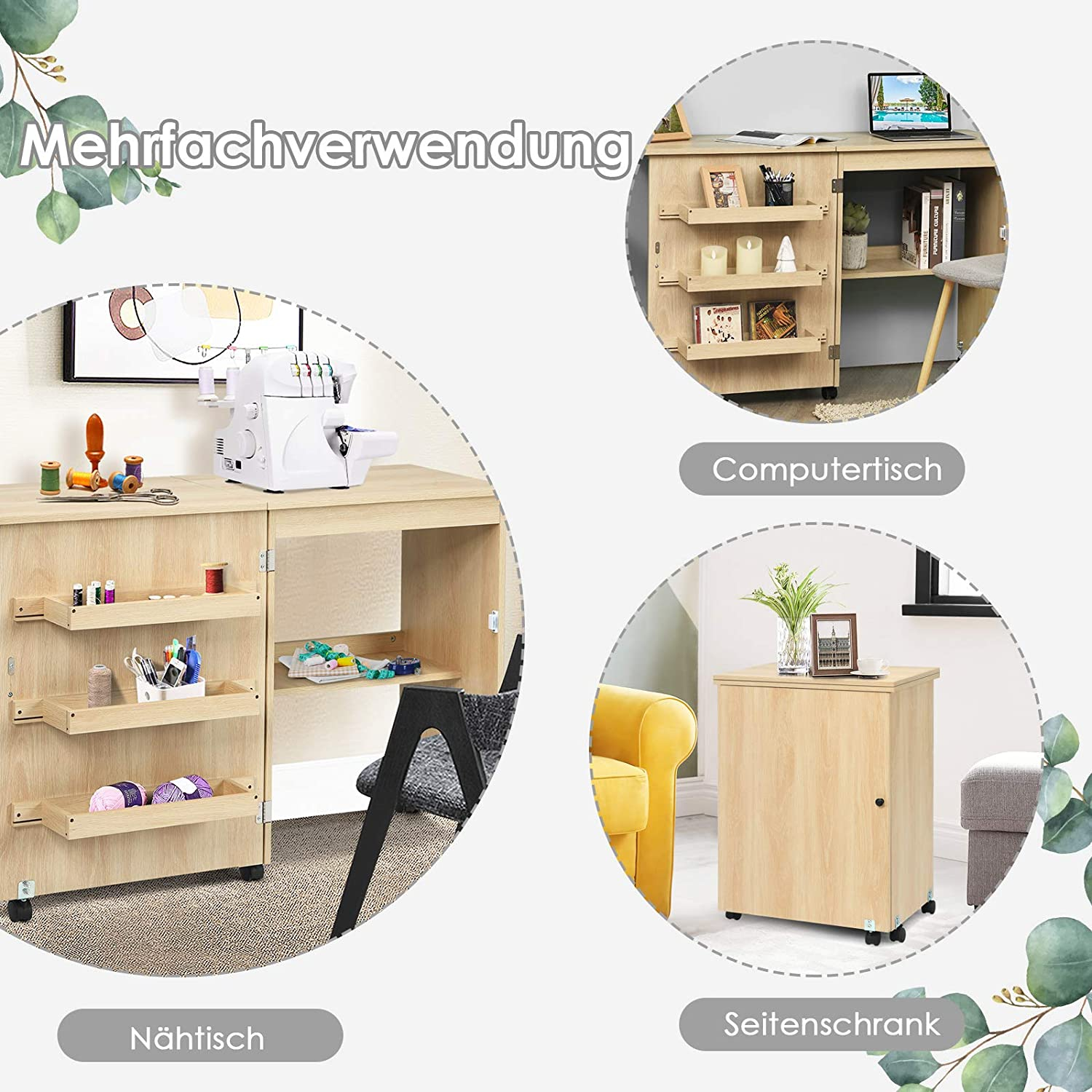 Mehrzweck-Möbelset mit Nähmaschine, Schreibtisch und Beistellschrank, alles helles Holz.
