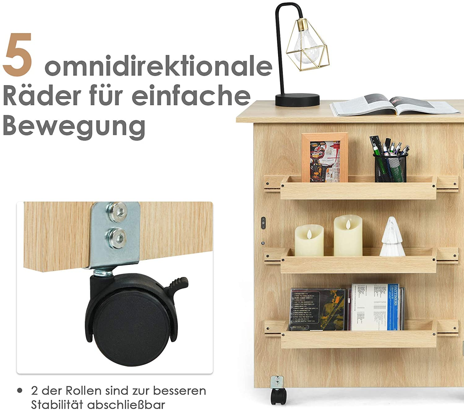 Holzschrank mit Regalen und einem kleinen, schwarzen Rad.