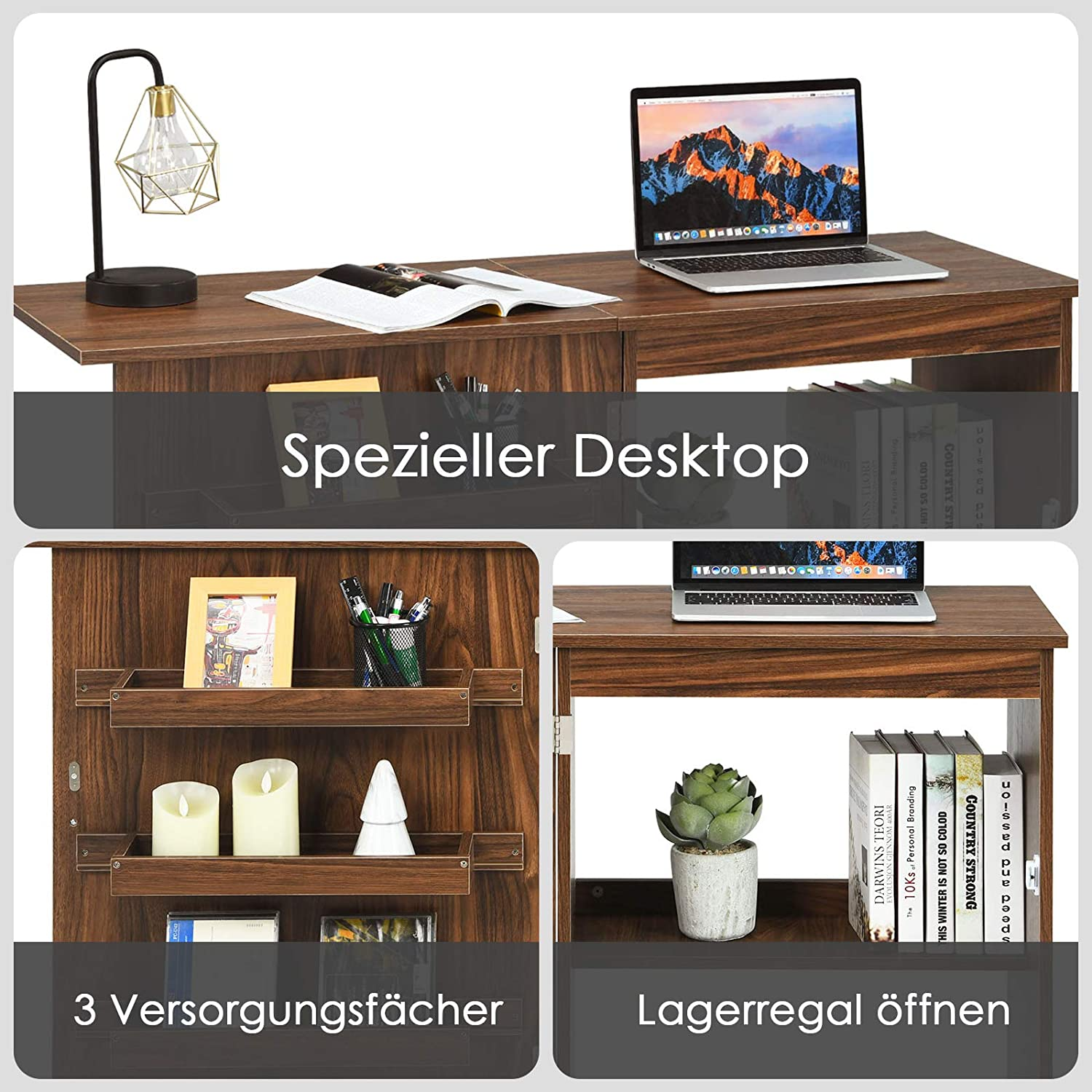 Ein Holzschreibtisch mit Laptop, Lampe und Büchern. Detaillierte Aufnahmen von Fächern und Regalen.