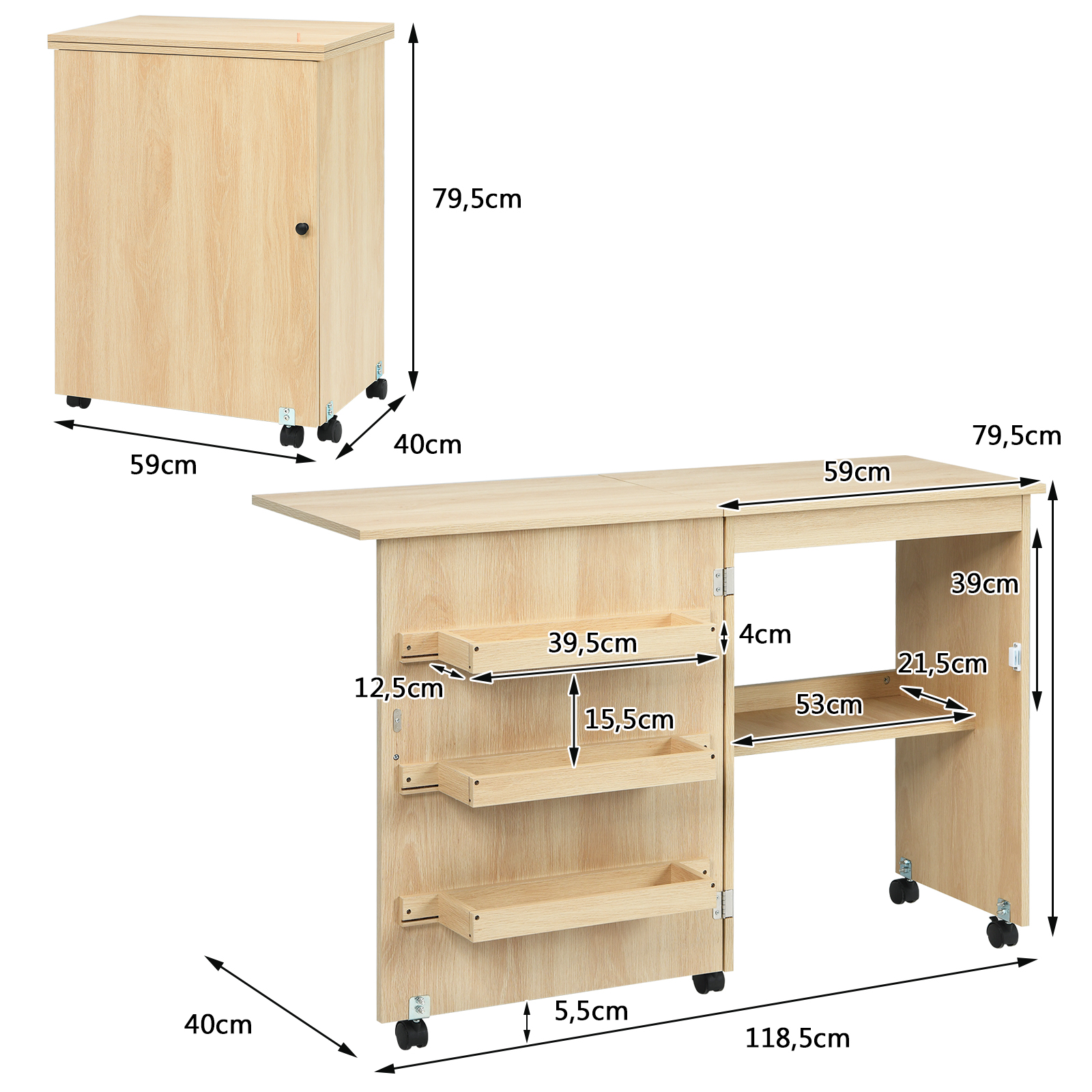 Basteltisch aus Holz mit Maßen. Mit Schrank und Klapptisch mit Regalen.