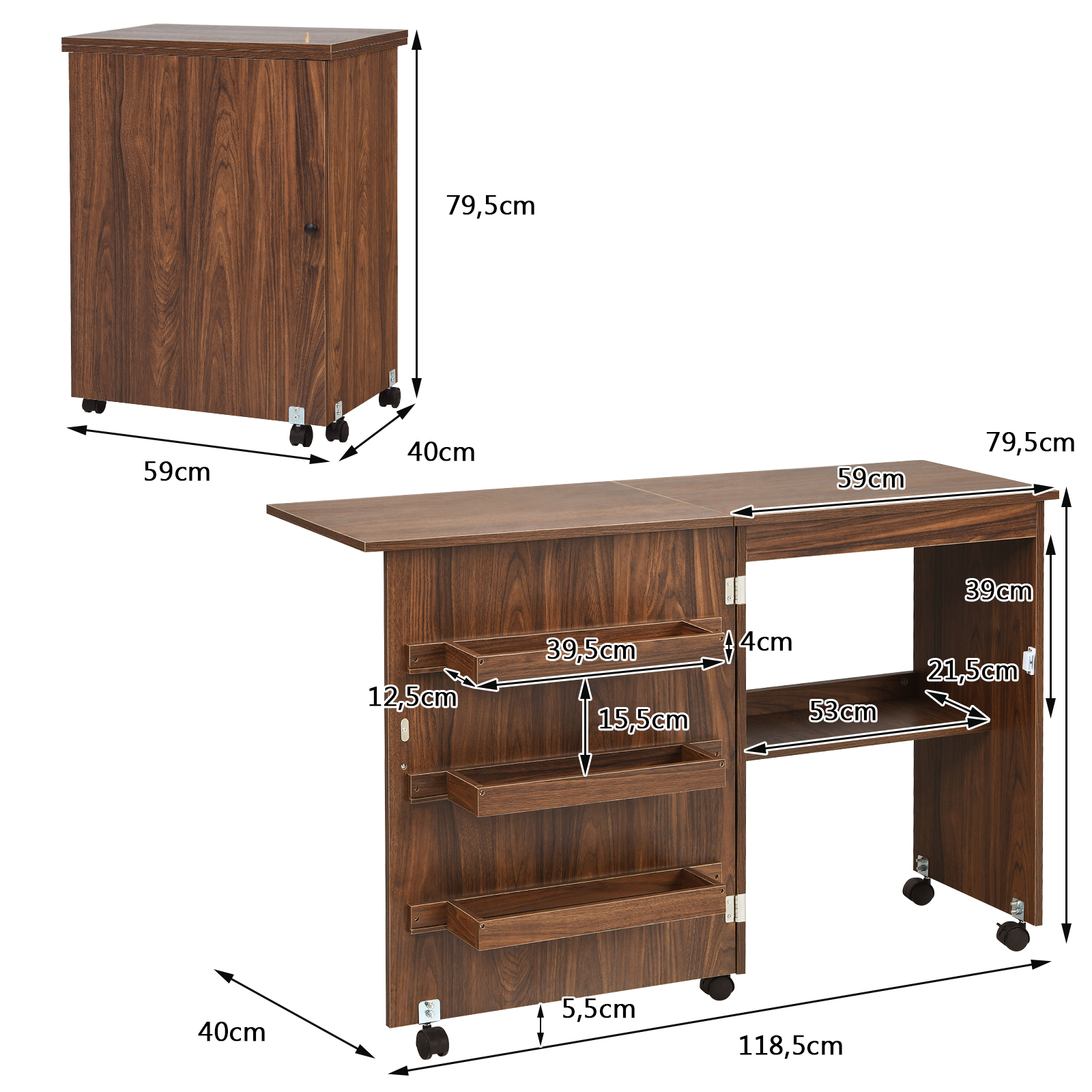 Brauner Nähschrank mit Maßen, weißer Hintergrund.