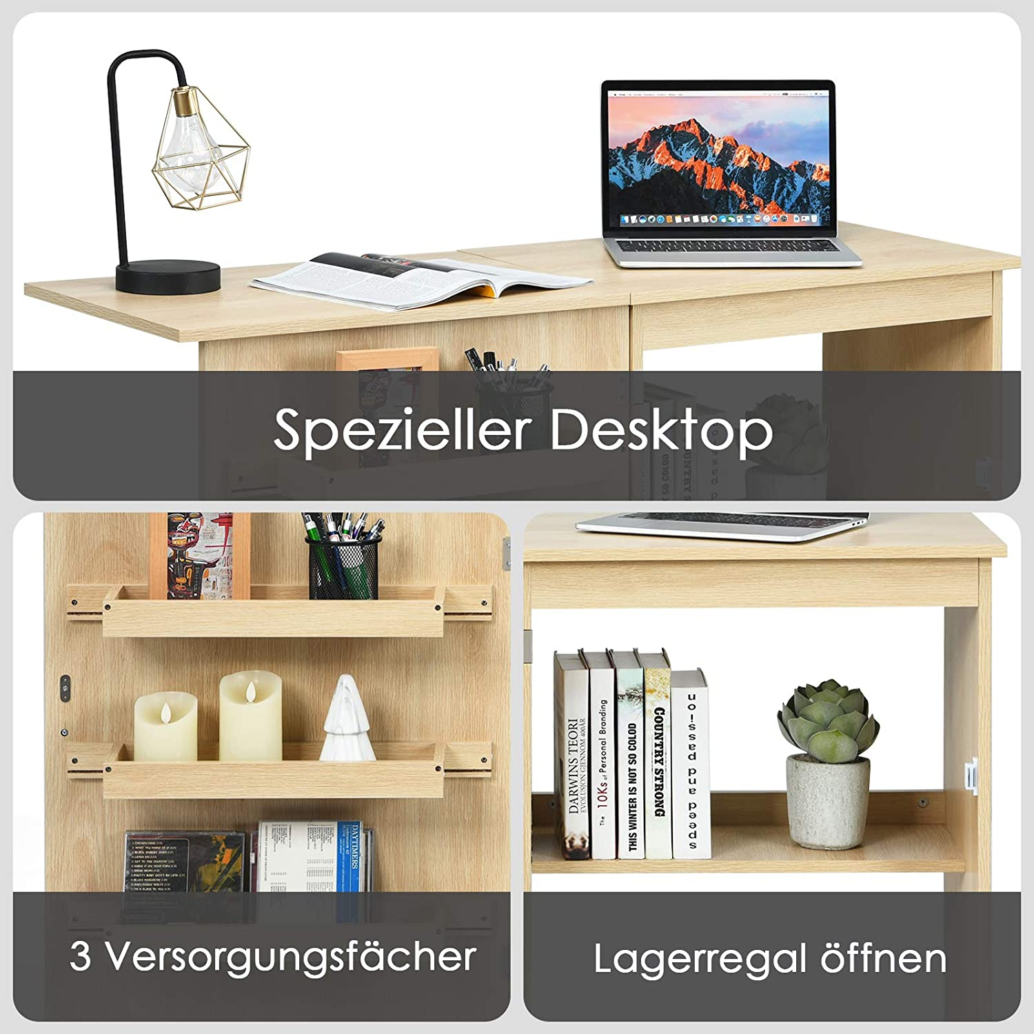 Schreibtisch mit Laptop, Lampe und Ablagen. Die Regale halten Bücher, Kerzen und eine Pflanze.