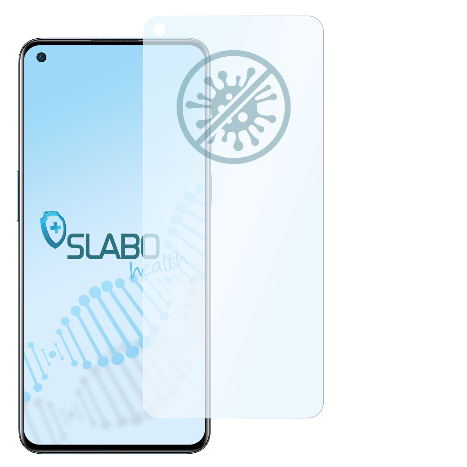 Ein Telefon mit Displayschutzfolie. Der Protektor hat ein Virus-Symbol. Weißer Hintergrund.