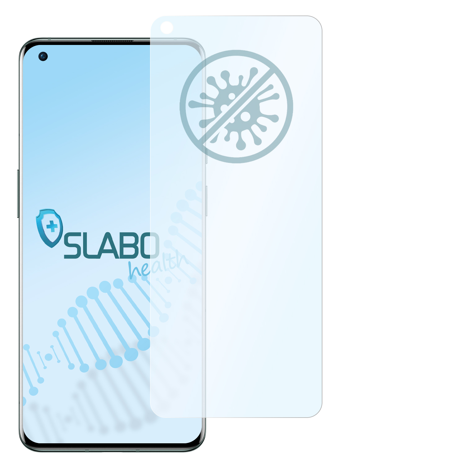 Ein Telefon mit Displayschutz. Das Telefon befindet sich links. Der Text zeigt ein Virus-Symbol und ein Gesundheitslogo.