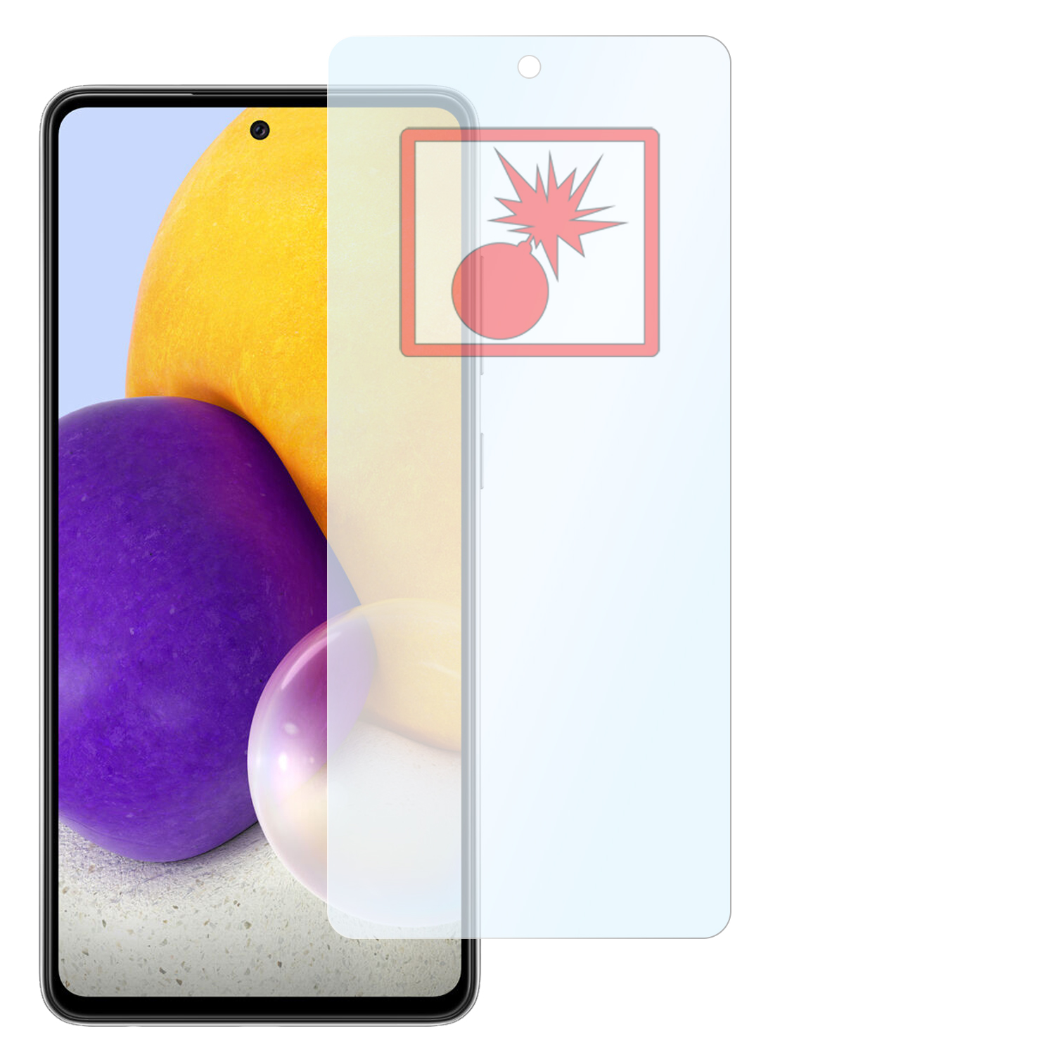 Ein Telefon mit Displayschutzfolie. Ein rotes Explosion-Symbol wird gezeigt.