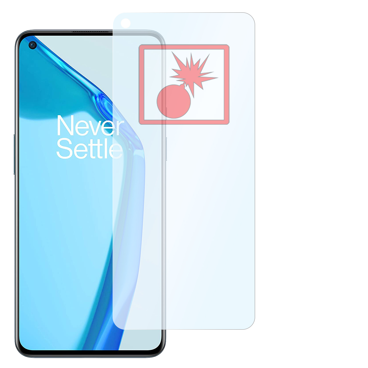 Ein Telefon mit Displayschutz. Der Schutz hat eine rote Explosionsgrafik in der Mitte.