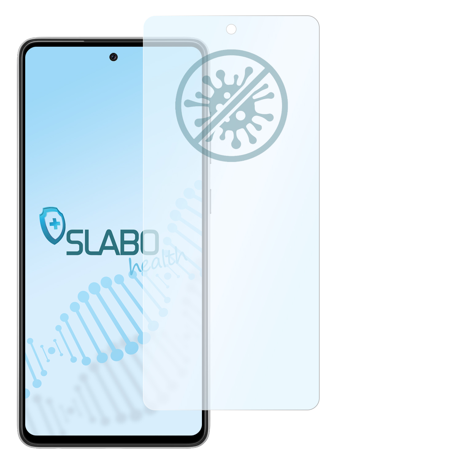 Ein Telefon mit Displayschutzfolie und Logo. Der Schutz hat ein Anti-Virus-Symbol.