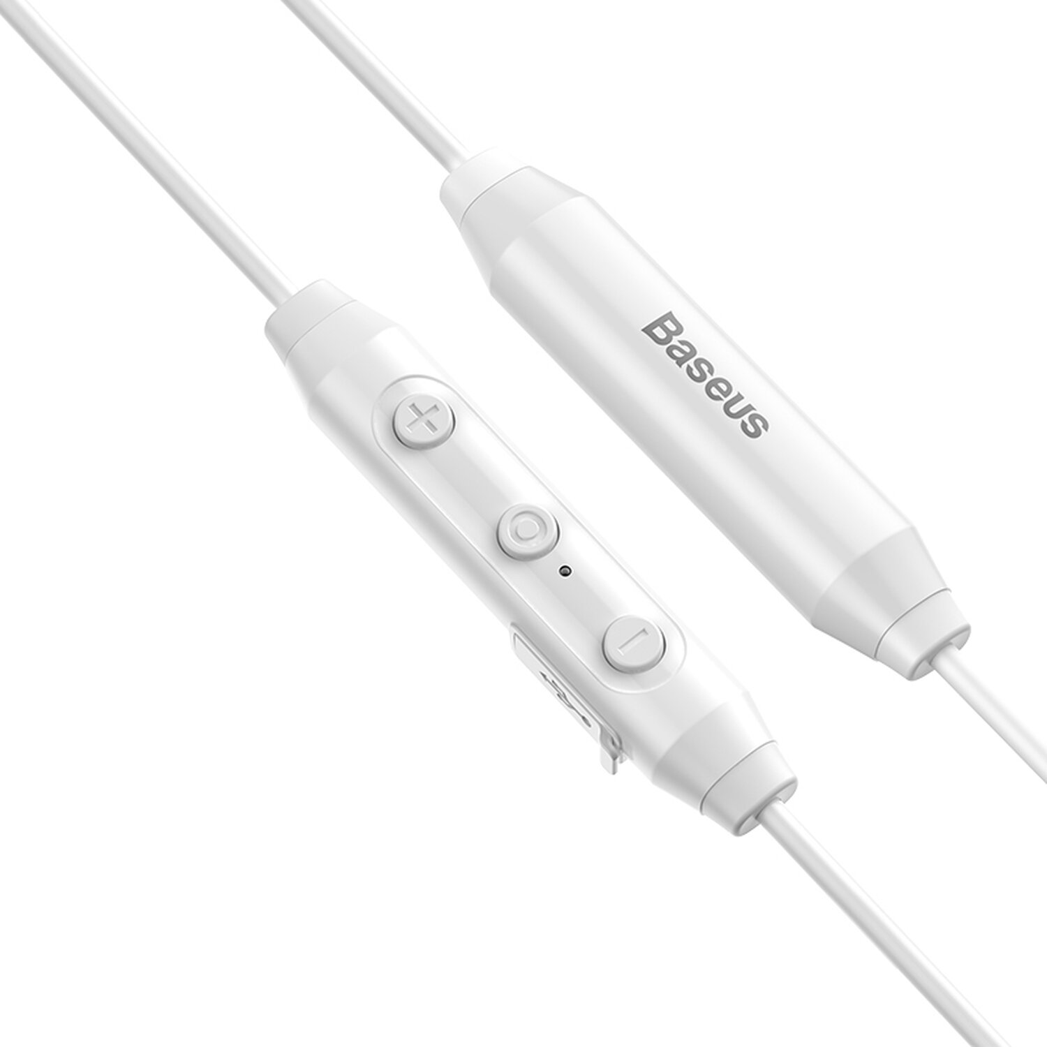 Weiße Baseus-Ohrhörer mit Fernbedienung. Der Markenname ist sichtbar. Das Kabel ist weiß.