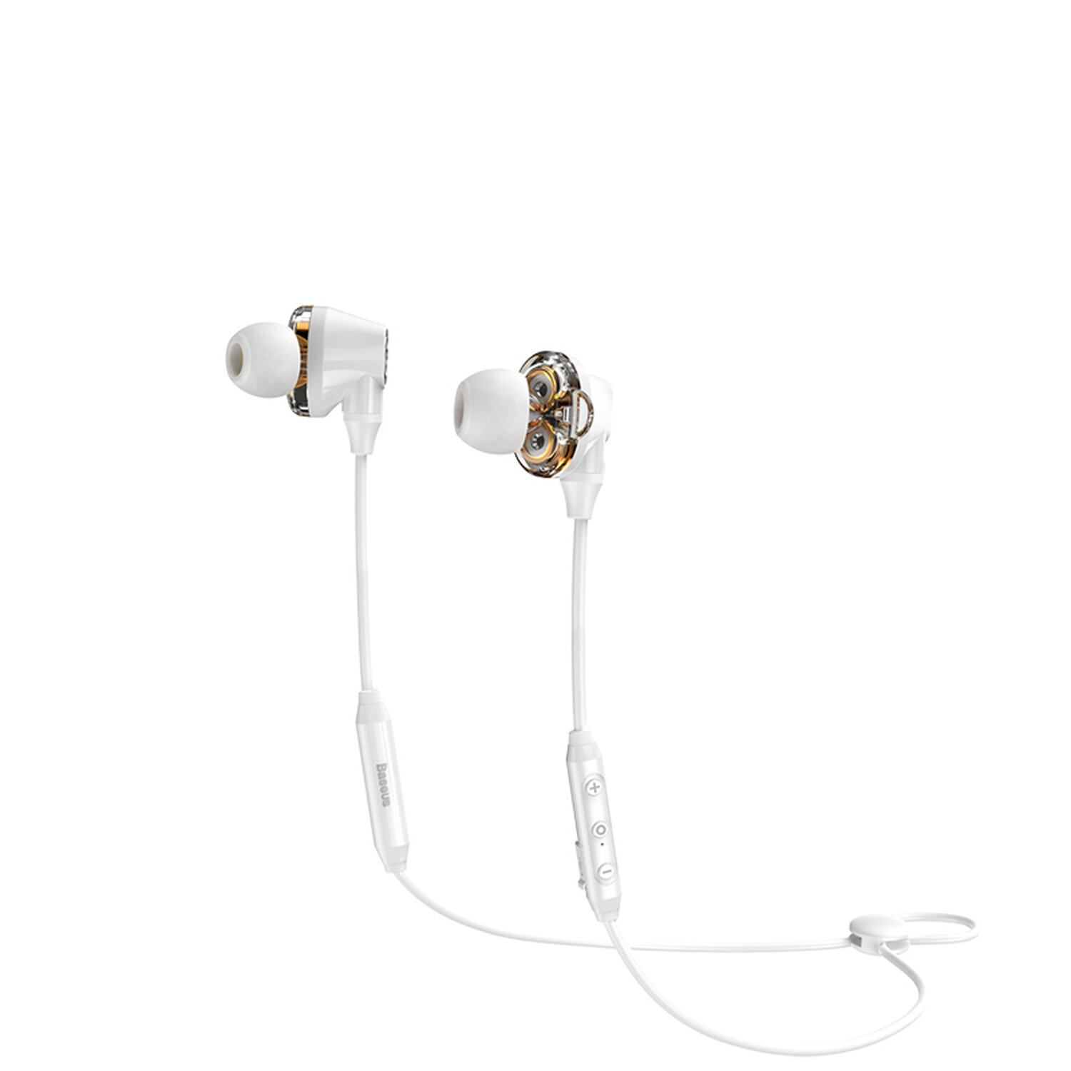 Weiße Ohrhörer mit weißem Kabel und Fernbedienung. Weißer Hintergrund.