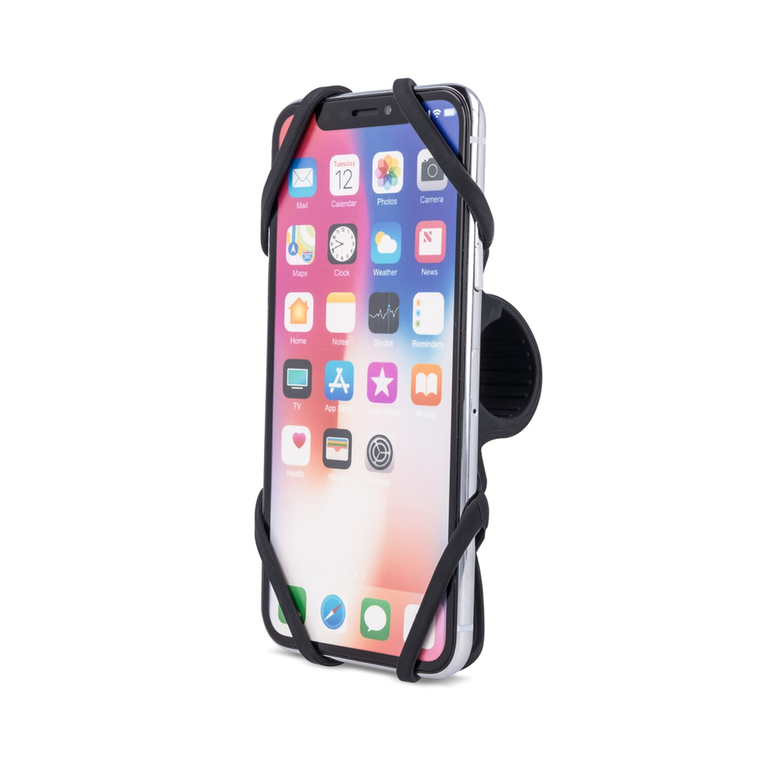 Ein Smartphone in einer schwarzen Handyhalterung. Das Telefon zeigt App-Symbole auf dem Bildschirm.