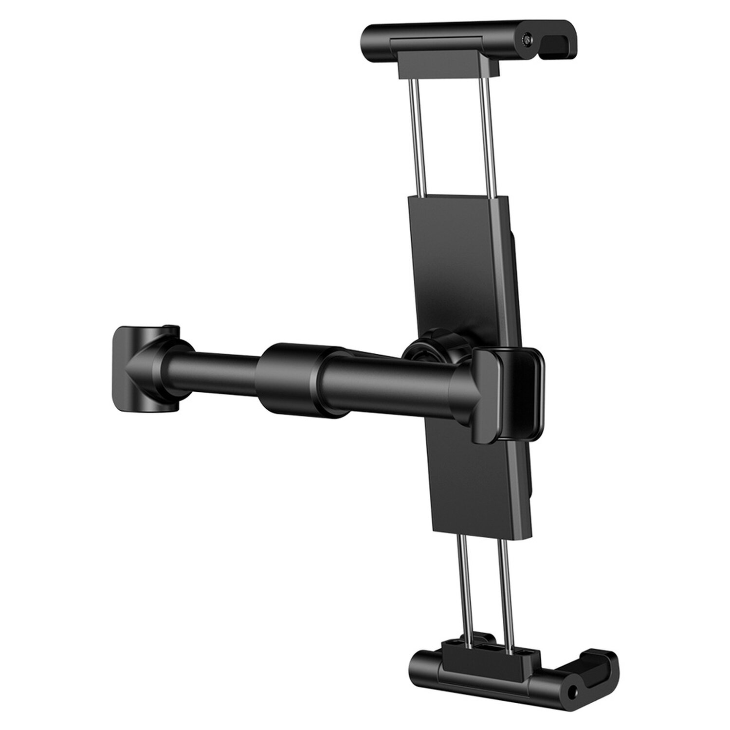 Schwarze Tablet-Halterung für das Auto mit verstellbarem Arm. Der Halter befindet sich auf weißem Hintergrund.