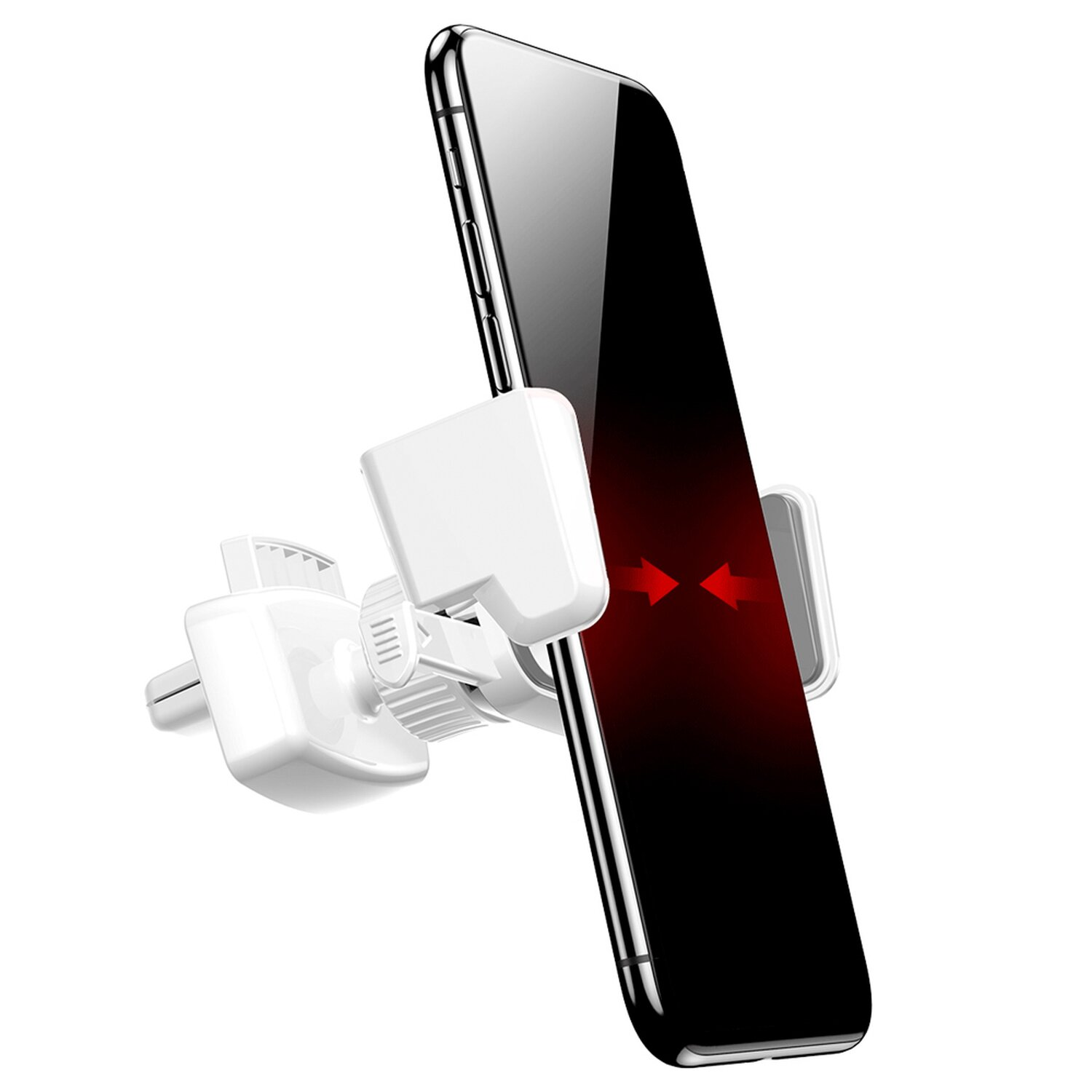 Weiße Telefon-Autohalterung, die ein schwarzes Smartphone hält, mit roten Pfeilen, die die Einstellung anzeigen.