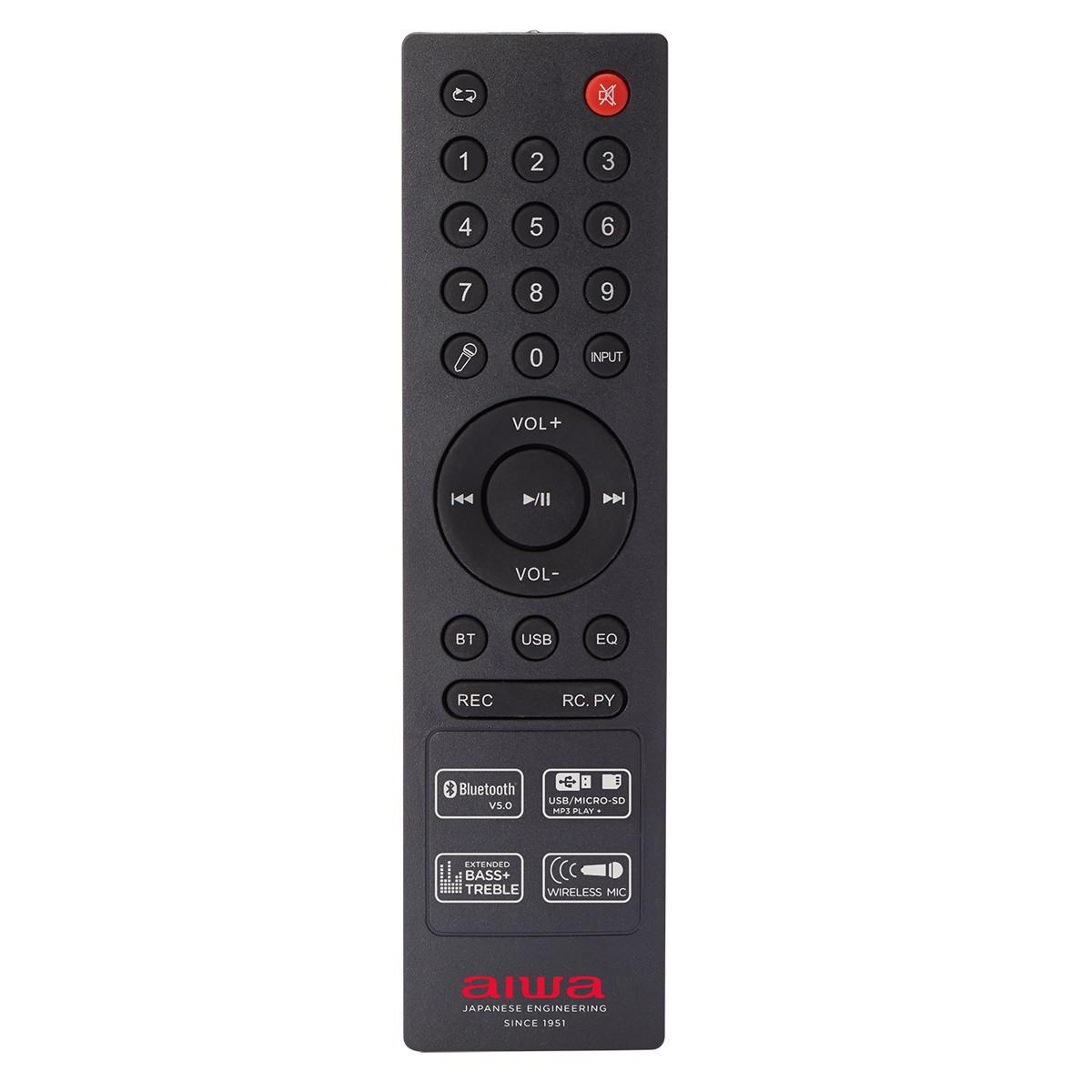 Un mando a distancia negro con muchos botones. Tiene la palabra 'aiwa' y un símbolo de Bluetooth.
