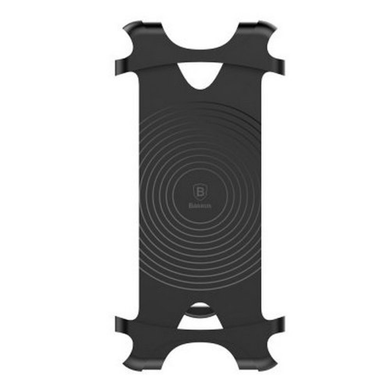 Ein schwarzer Telefonhalter mit geschwungenem Design. Der Halter hat ein Wirbelmuster in der Mitte.