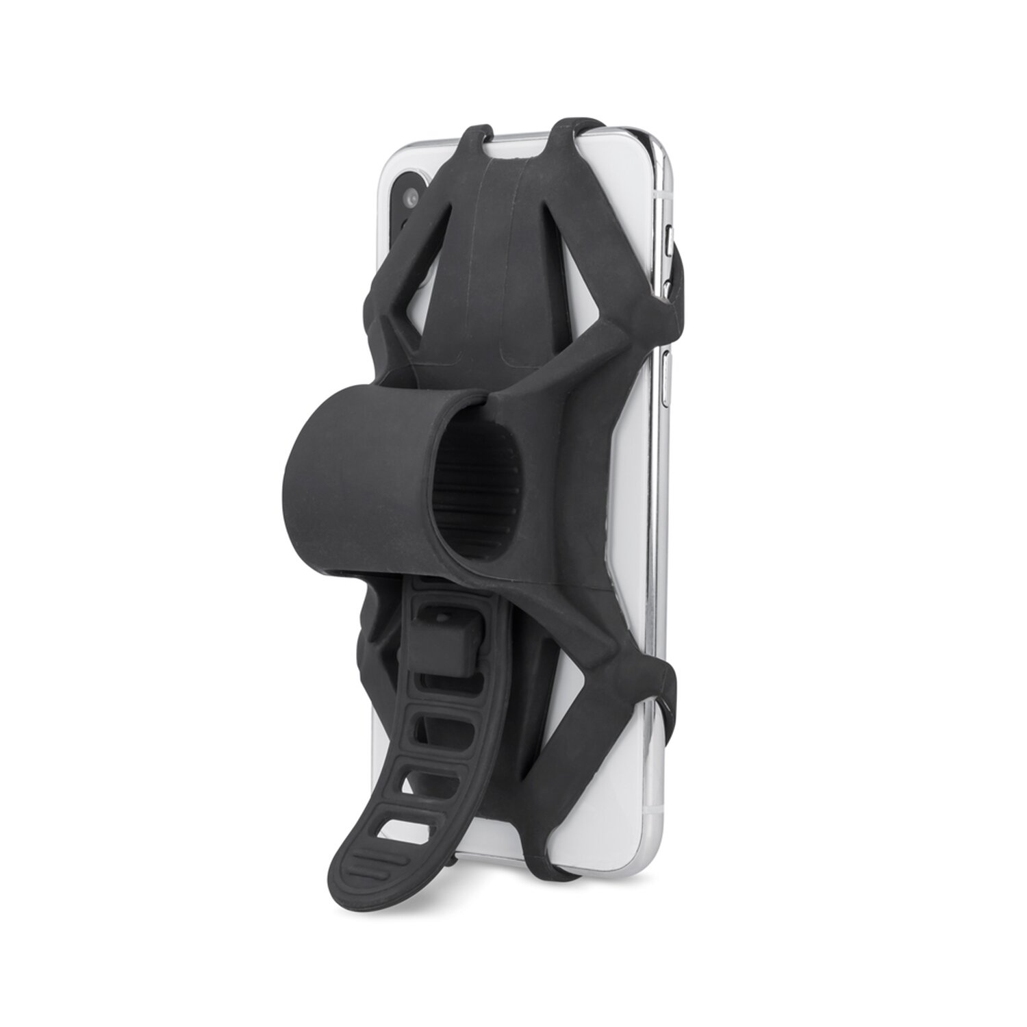 Schwarze Telefonhalterung, die ein Telefon hält. Die Halterung hat einen Riemen und einen runden Halter.