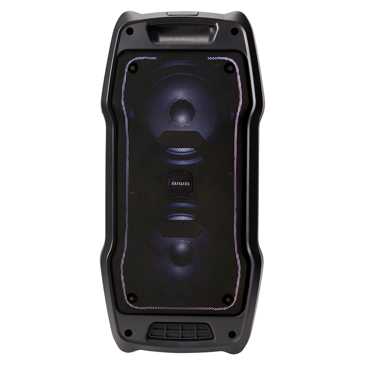 Un altavoz Bluetooth rectangular negro con una parte frontal de malla y luces de colores.