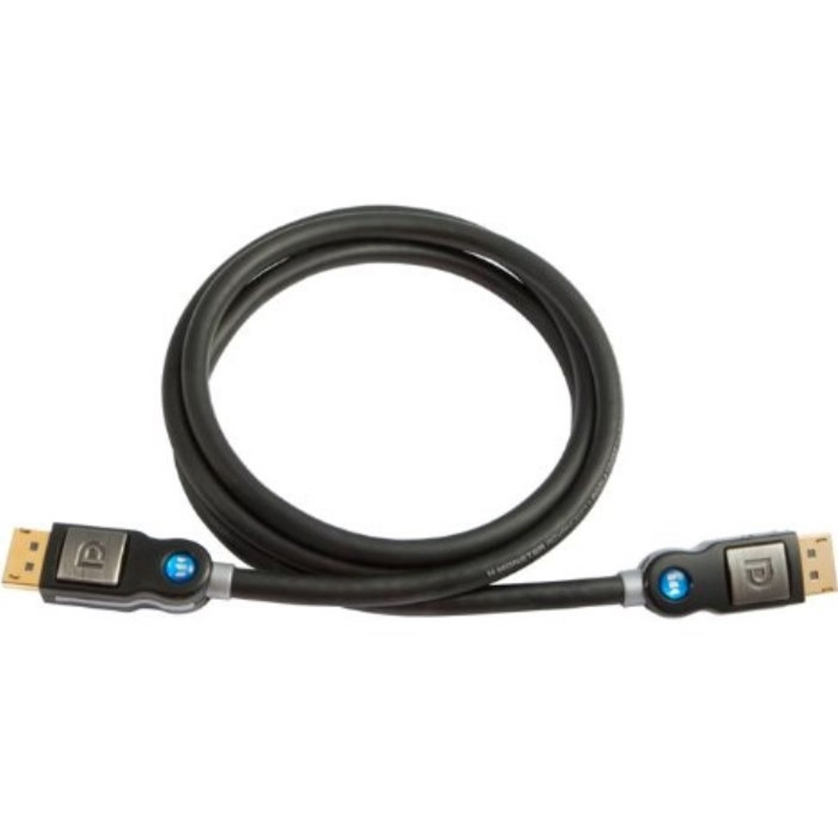 Schwarzes DisplayPort-Kabel, aufgerollt. Stecker an beiden Enden sichtbar mit dem 'P'-Logo.