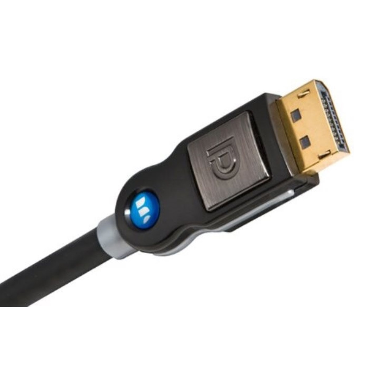 Schwarzes DisplayPort-Kabel mit blauem Logo. Das Kabel hat einen silbernen und goldenen Stecker.