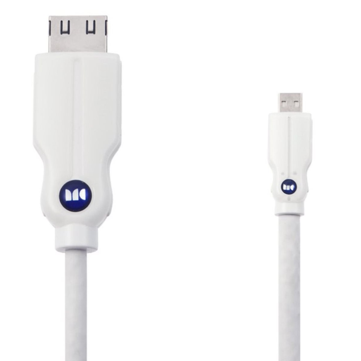 Zwei weiße Kabel mit blauen Monster-Logos. Ein USB-Kabel und ein größeres HDMI-Kabel.