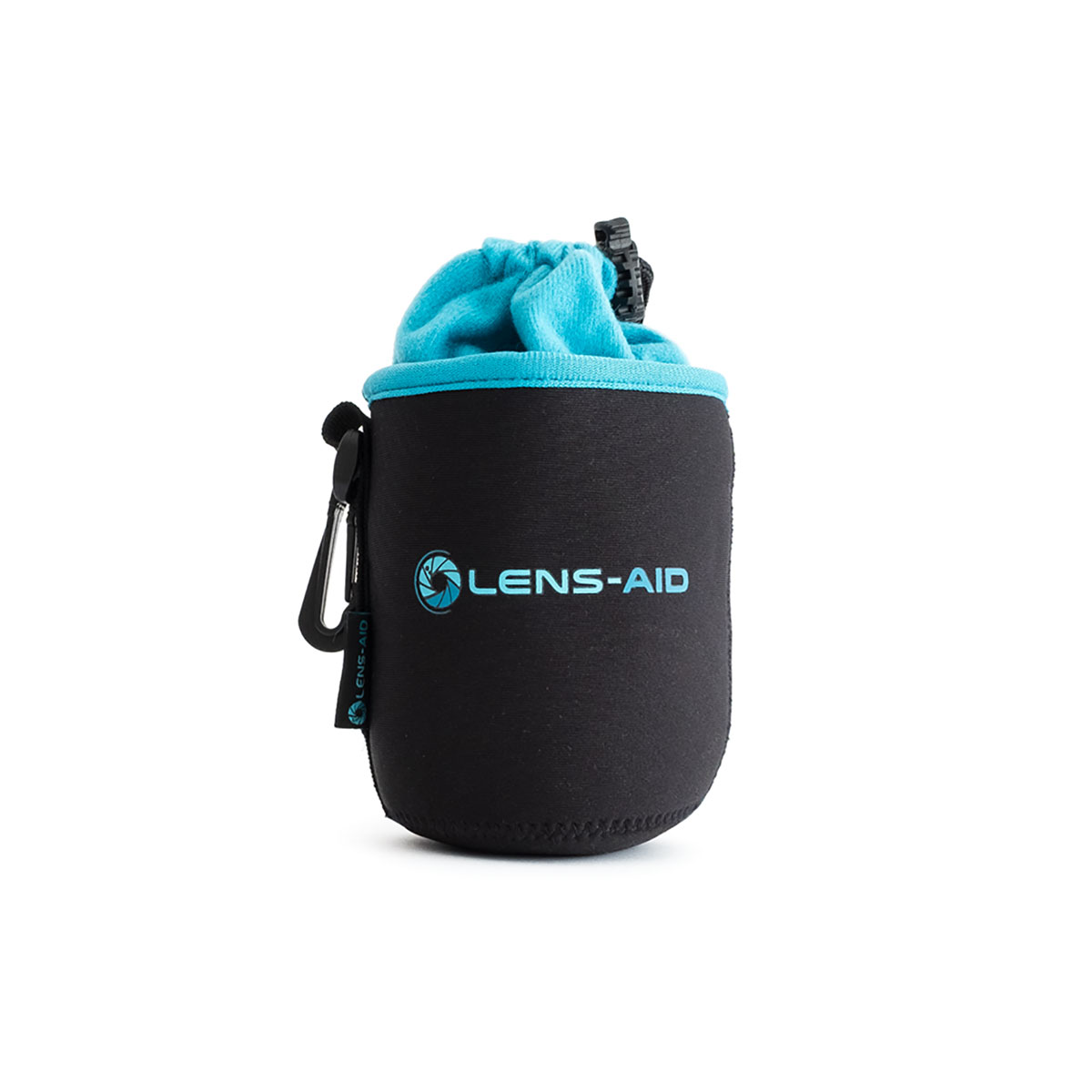 Schwarze und blaue Objektivtasche mit Karabinerhaken, auf weißem Hintergrund.