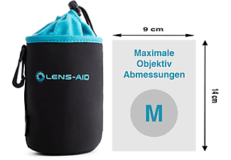 LENS-AID Neopren Objektivtasche mit Fleece, Größe M, Objektiv Schutz, Schwarz/Blau