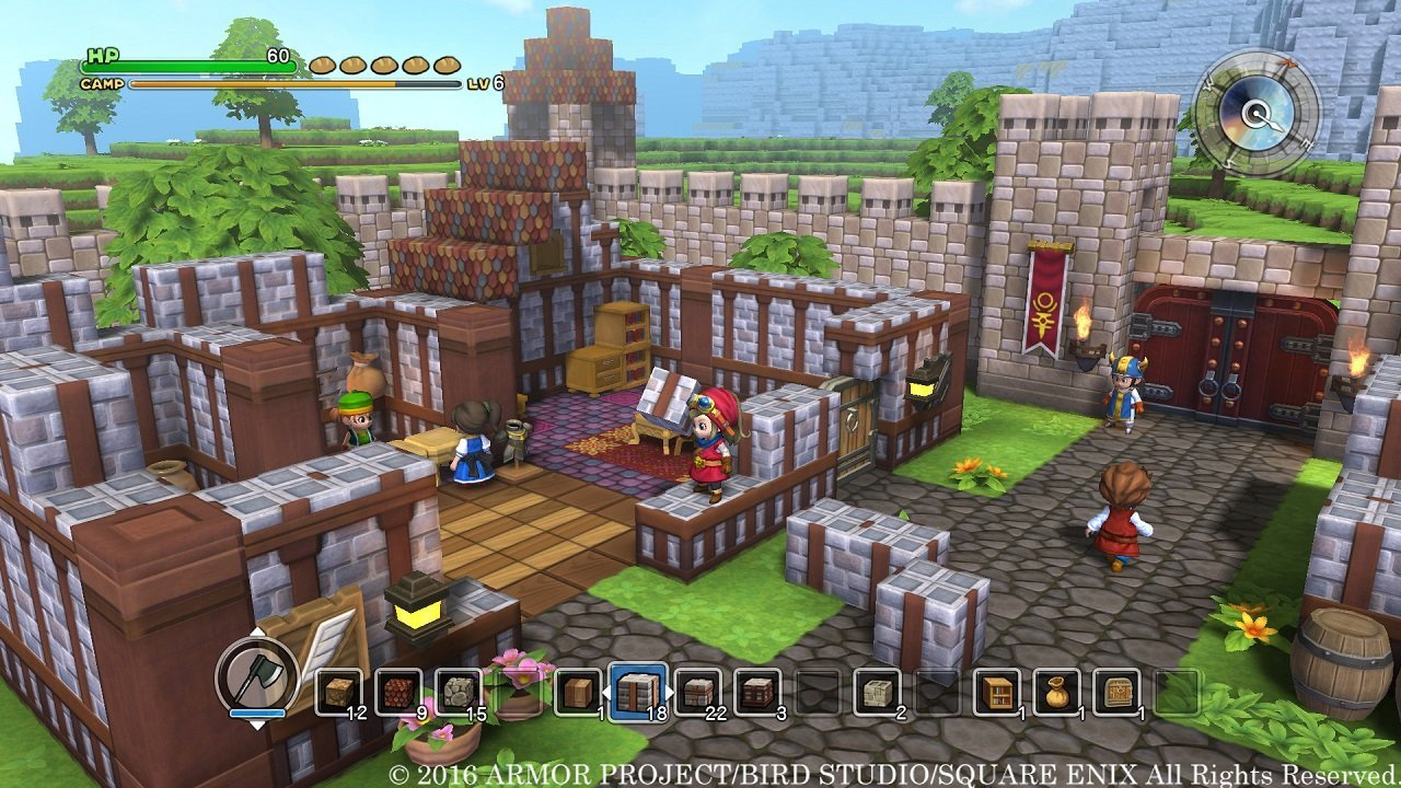 Pixeliger Spiel-Screenshot eines Schlosses und einer Umgebung mit Charakteren.