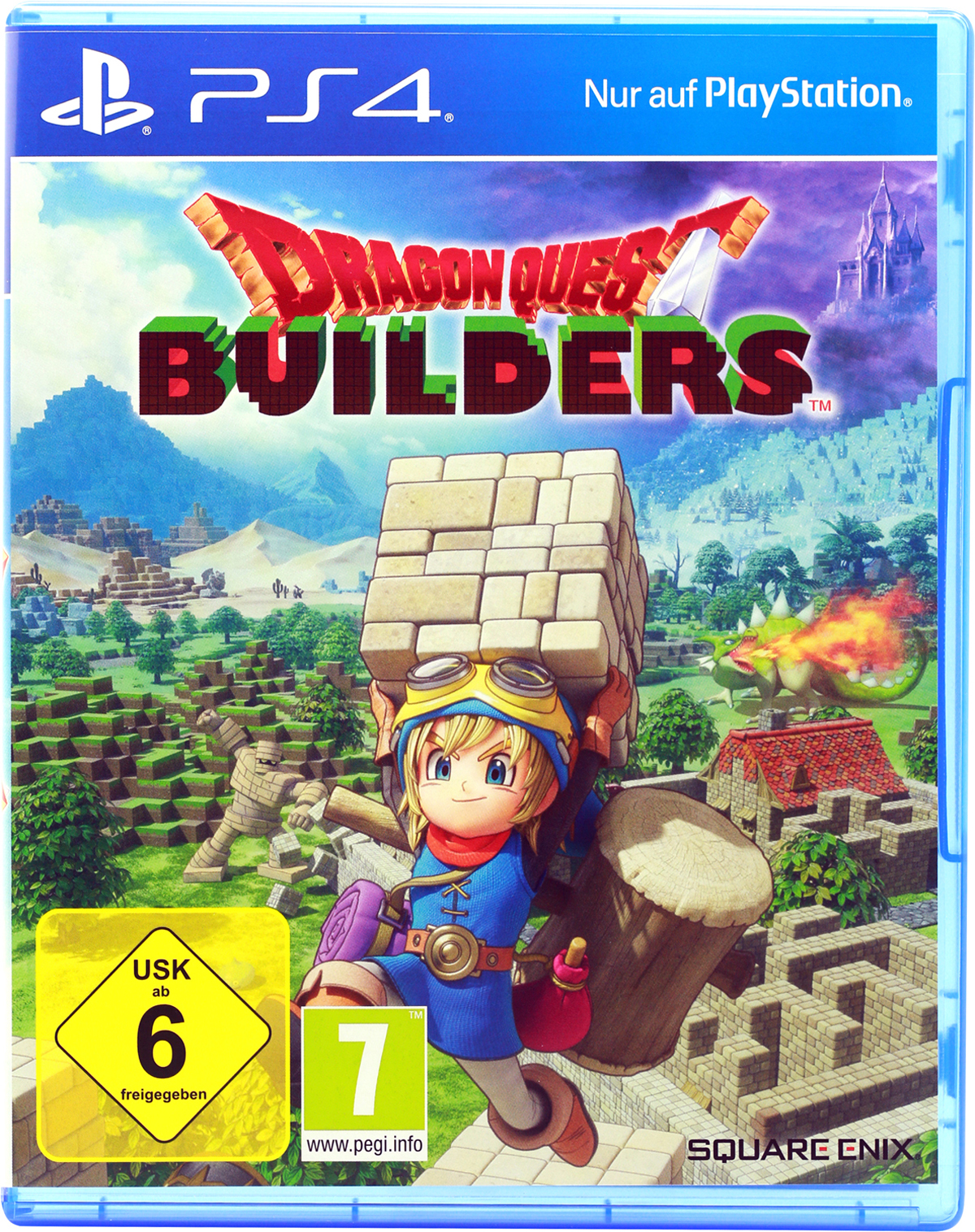 Dragon Quest Builders PS4-Spielbox. Buntes Cover-Art, eine Figur, die Blöcke hält. Altersfreigabe 7+.