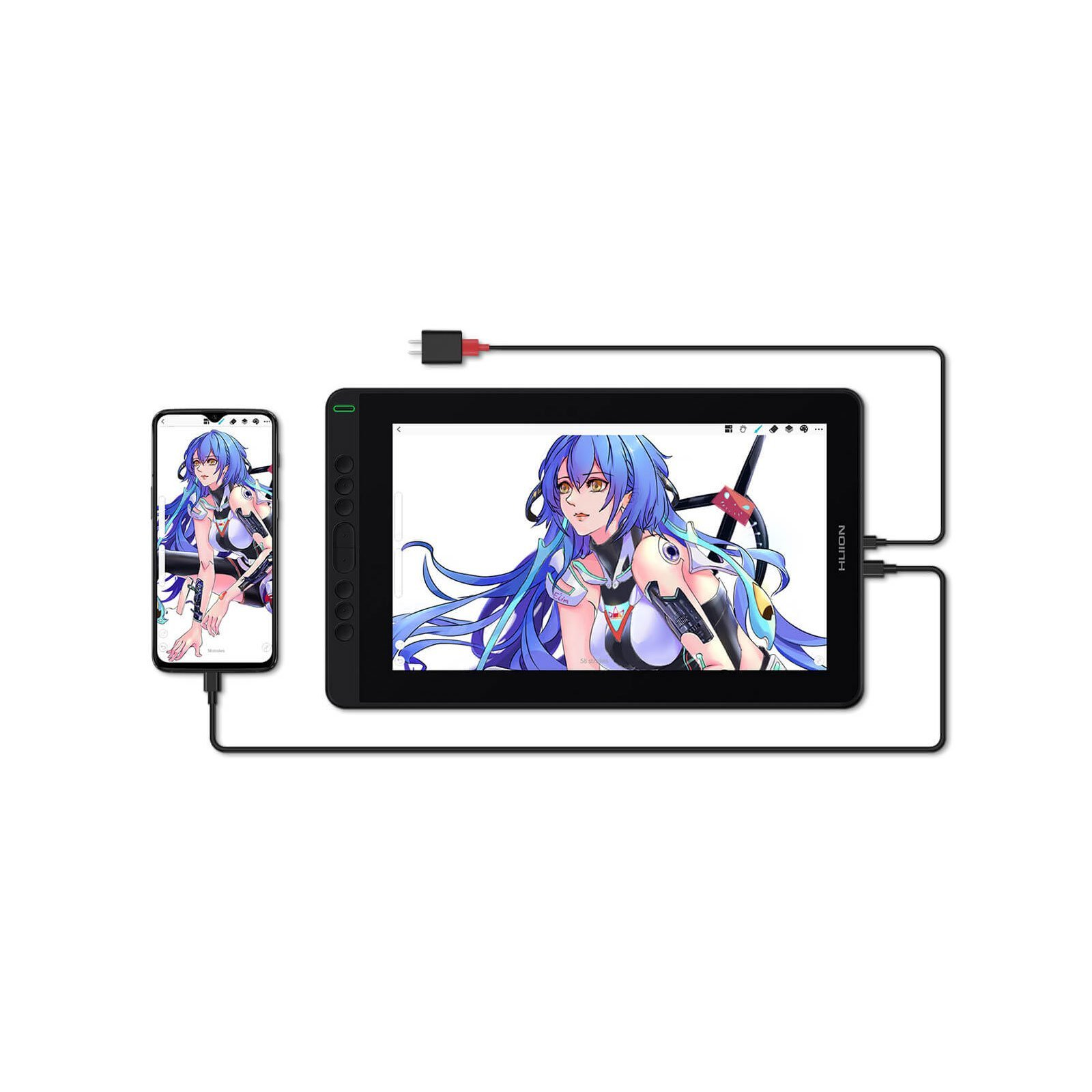 Tablet i smartfon połączone kablem. Na obu ekranach znajduje się rysunek anime.