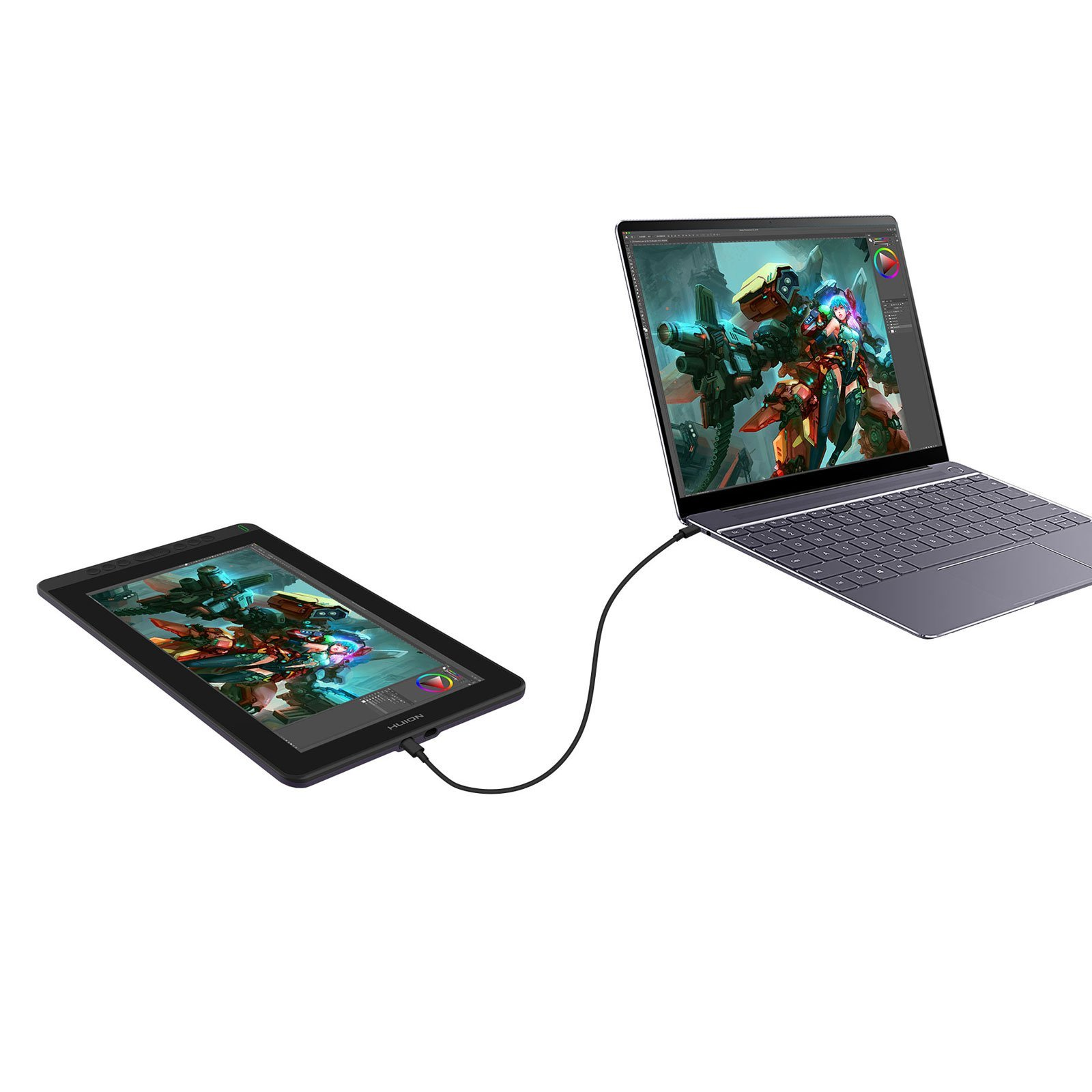 Laptop podłączony do tabletu. Oba ekrany wyświetlają grafikę cyfrową. Czarny kabel łączy urządzenia.