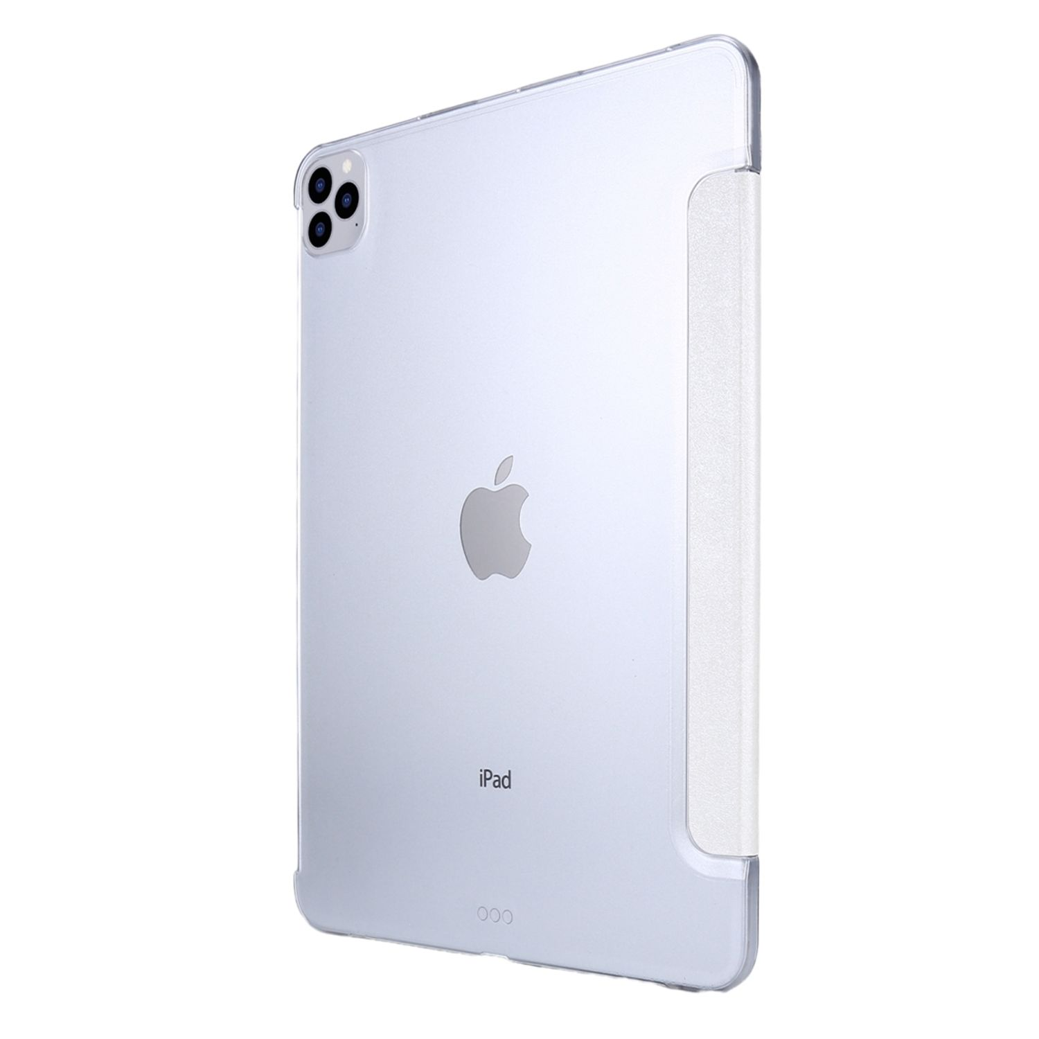 Silbernes iPad mit transparentem Gehäuse, weißer Seite und Apple-Logo.