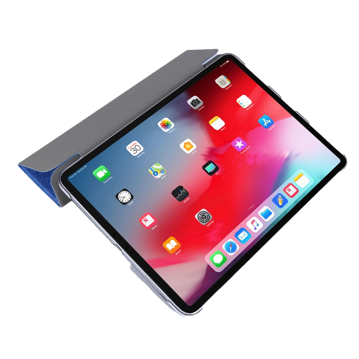 Ein Tablet mit großem Bildschirm, der App-Symbole zeigt. Es befindet sich in einer grauen Hülle.