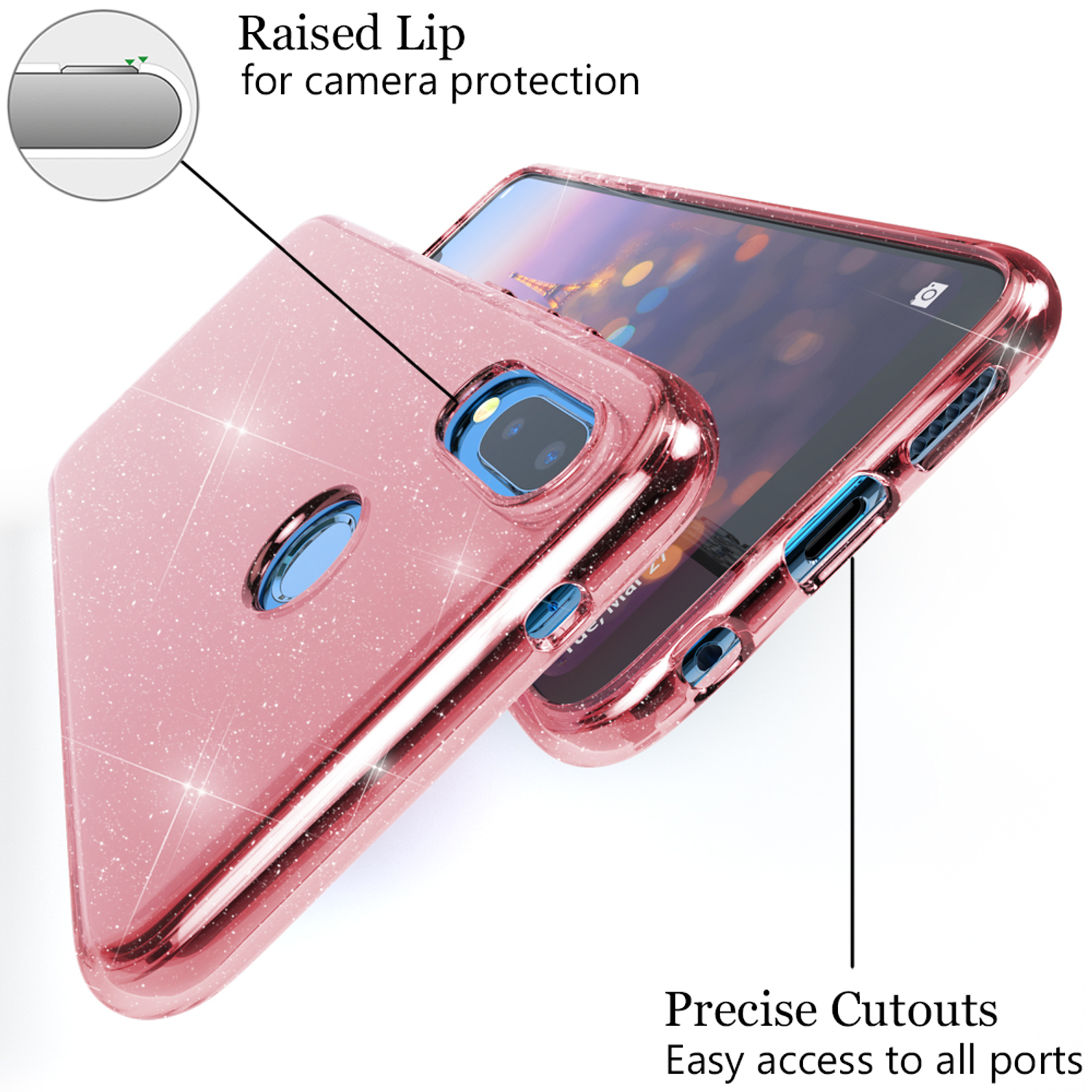 Huawei, NALIA Silikon P20 Klare Backcover, Lite, Pink Glitzer Hülle,