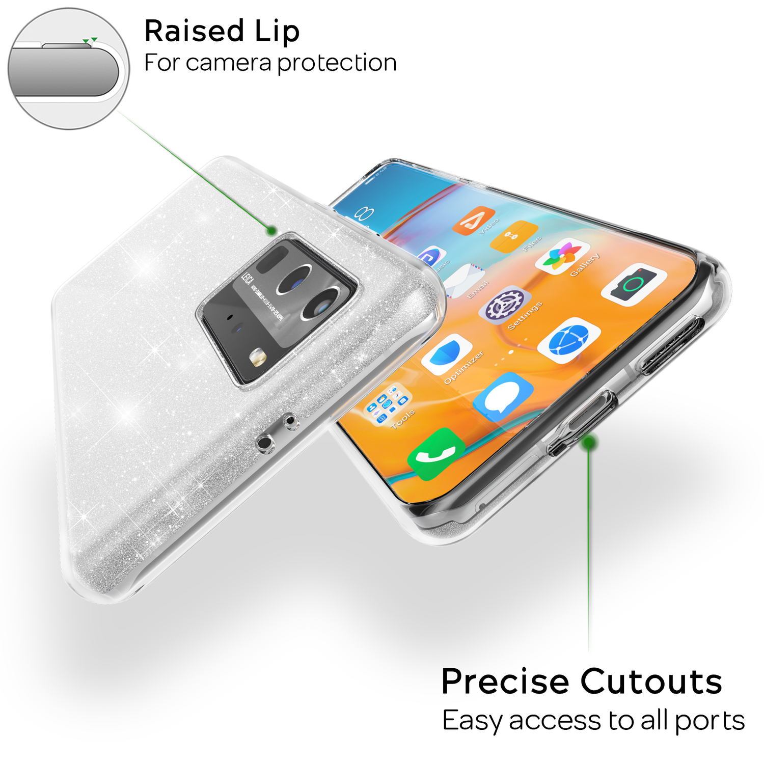Una custodia per telefono bianca scintillante e un telefono. Primo piano di un telefono con app. Testo sulla custodia.