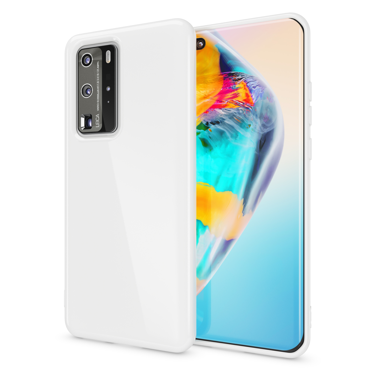 Eine weiße Handyhülle, das Telefon zeigt ein farbenfrohes Display, mit einer Leica Kamera.