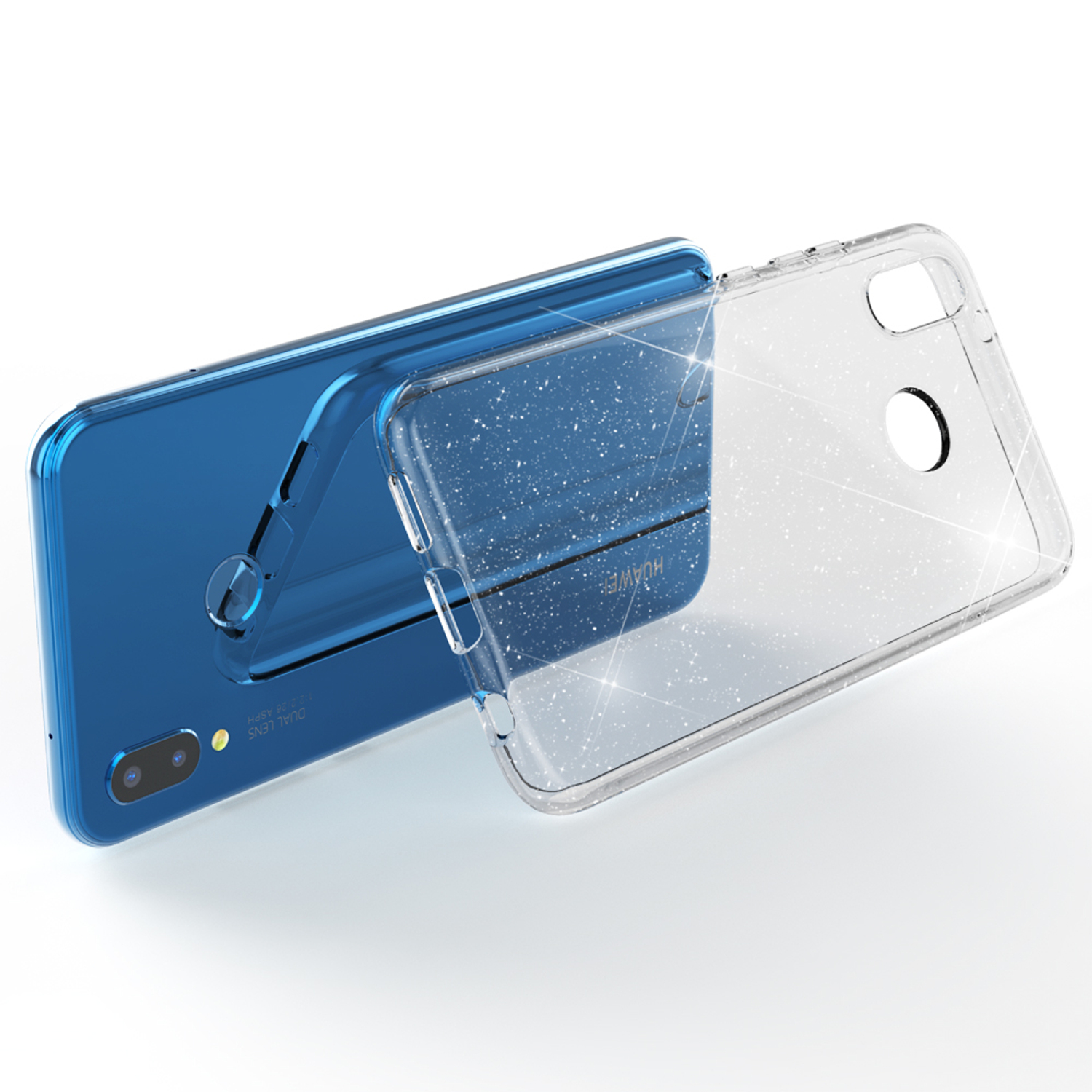Blaues Telefon mit klarer Hülle, die Hülle hat Glitzer. Das Telefon ist ein Huawei-Gerät.