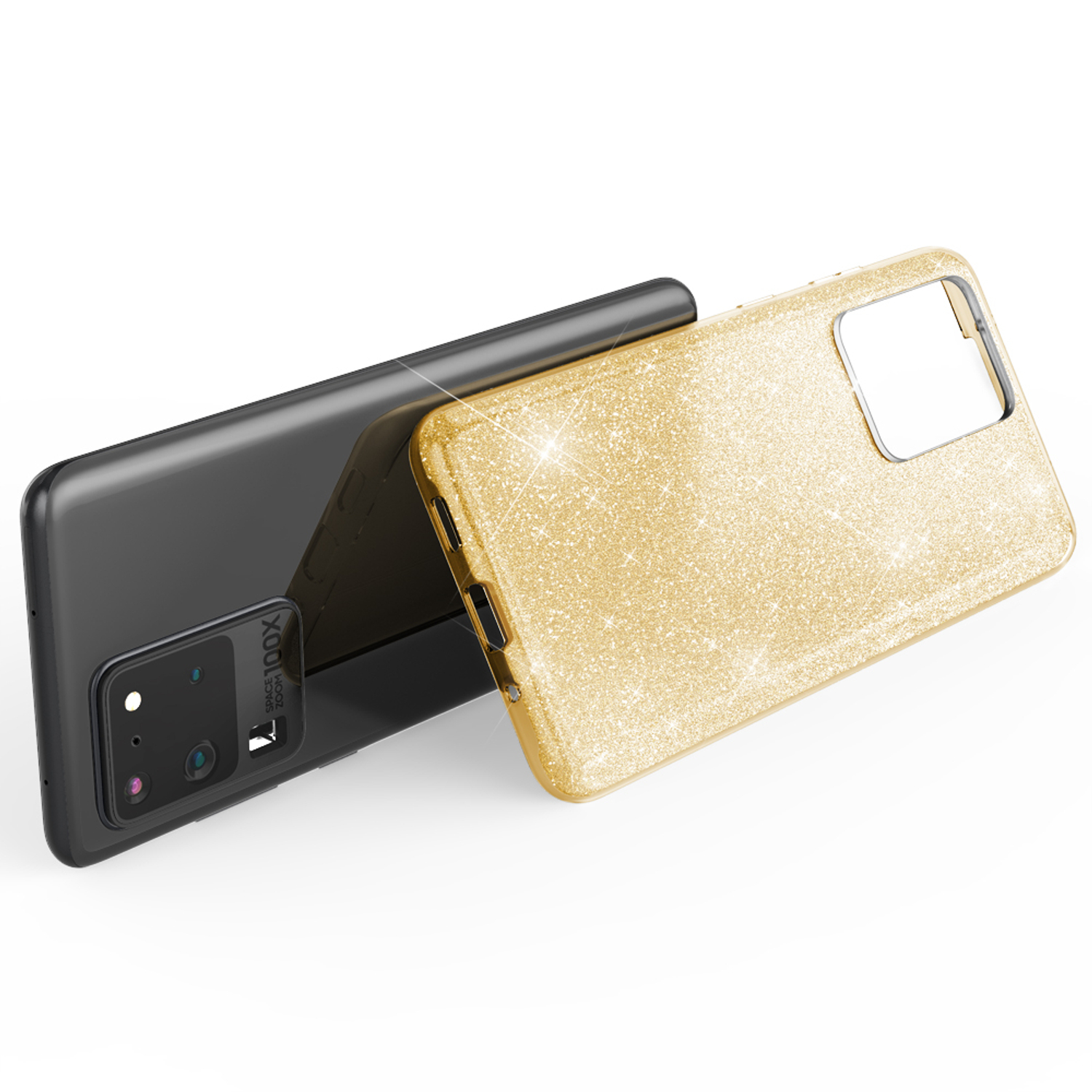 Schwarzes Telefon mit goldener Glitzerhülle. Handyhülle ist angewinkelt. Samsung-Logo sichtbar.