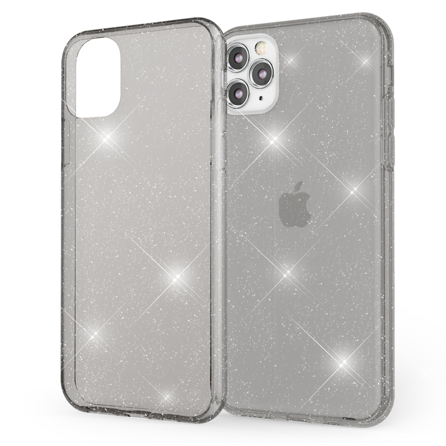 Funda de teléfono transparente con purpurina, sobre fondo blanco, con un teléfono dentro.