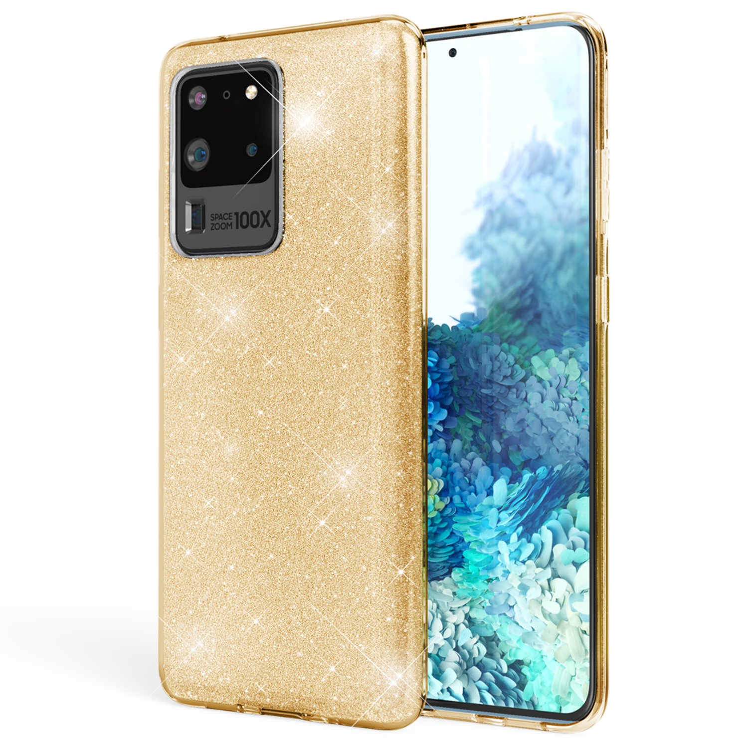 Goldene Glitzer-Handyhülle mit Kameraausschnitt und Telefon.