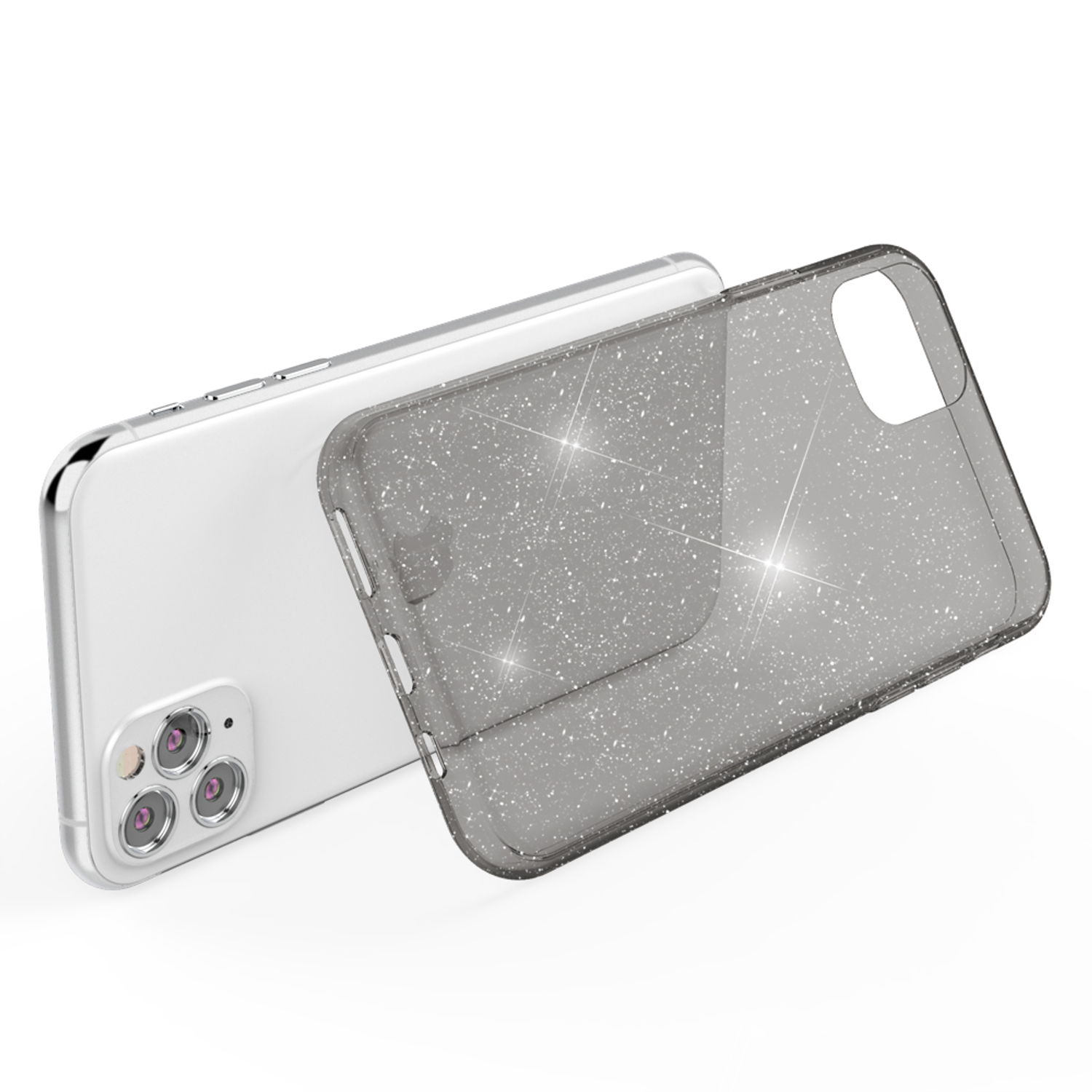 Funda transparente para teléfono con purpurina. El teléfono es blanco. La funda está ligeramente abierta.